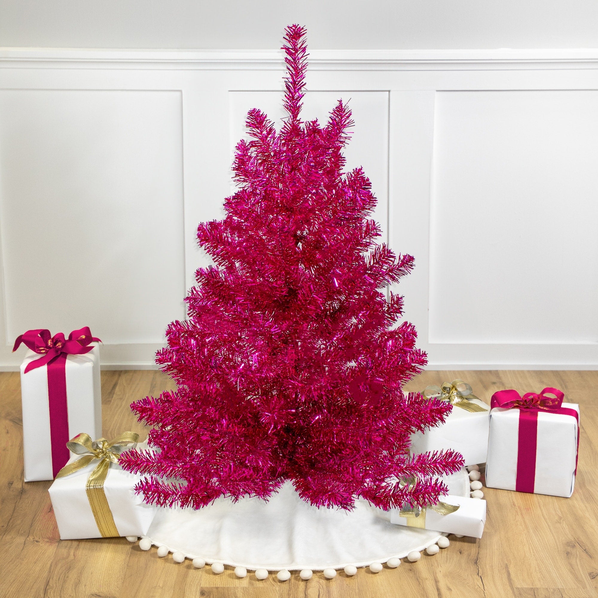 3 Metallic Pink Tinsel Artificial Christmas Tree Unlit 3 Foot
