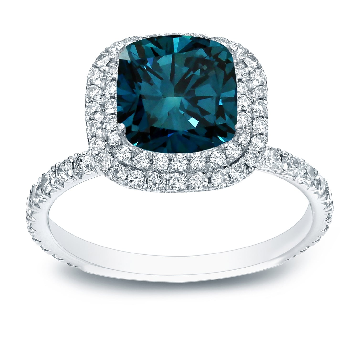 Auriya 3 Carat Tw Cushion Cut Halo Blue Diamond Engagement Ring 18K White Gold