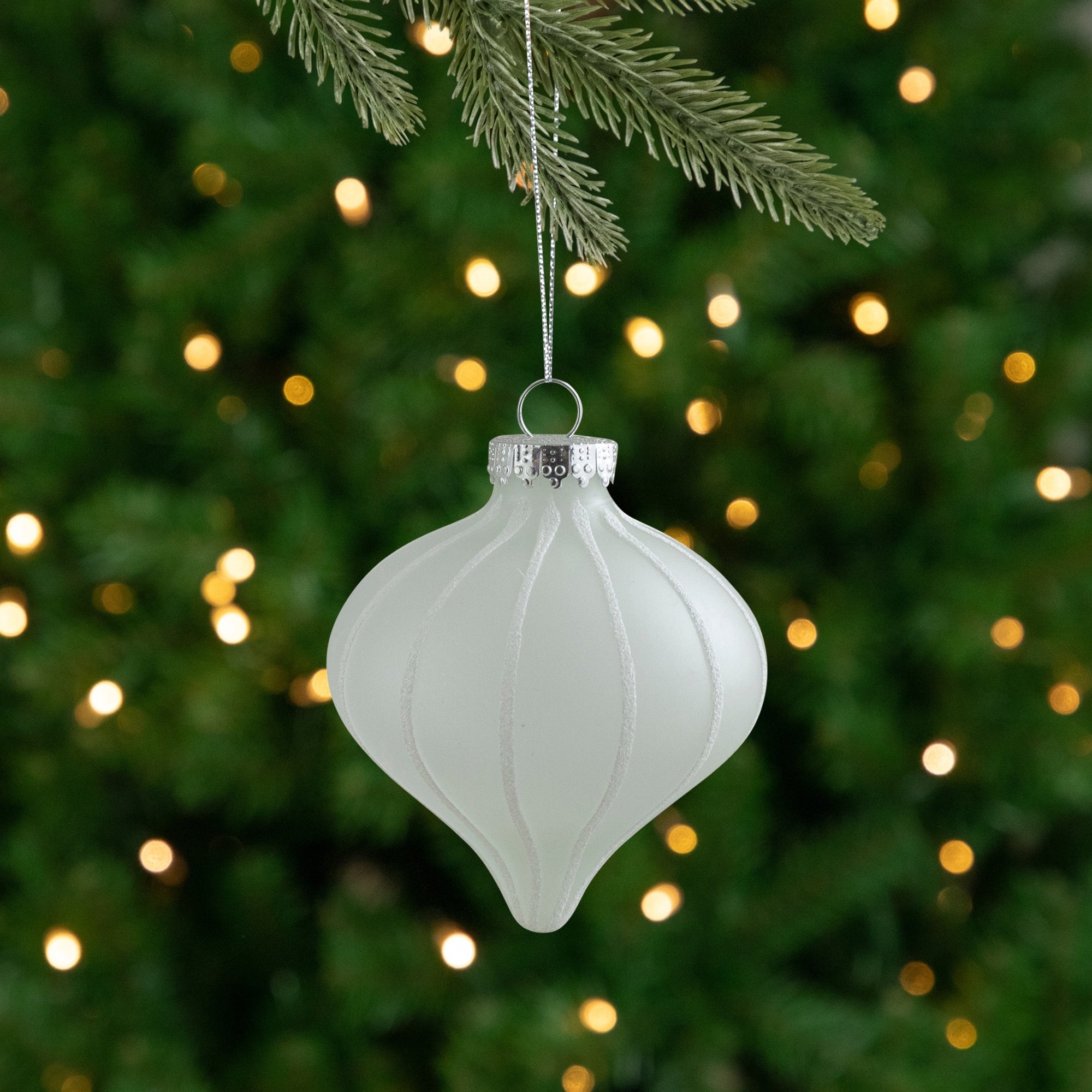 3Ct Clear Frosted With White Glitter Stripes Matte Glass Onion Christmas Ornament Set 3.25 75Mm N A