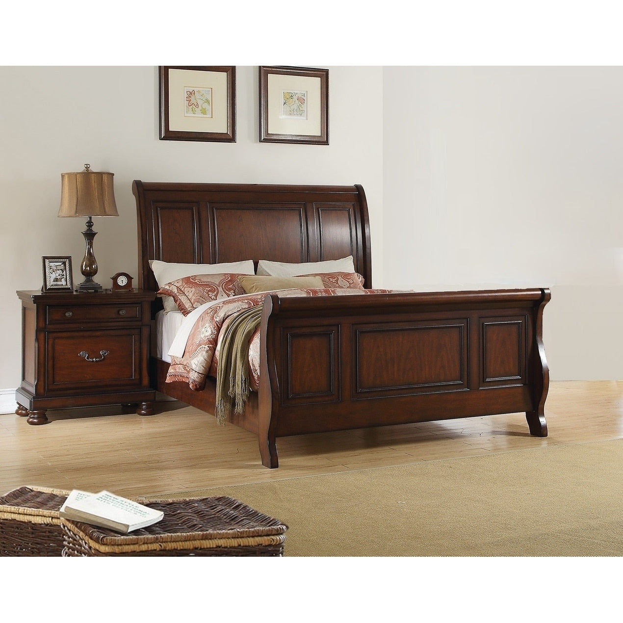 3Pc Bed 2X Nightstand Set Traditional Style Bun Feet Dark Cherry Finish Bedroom Furniture