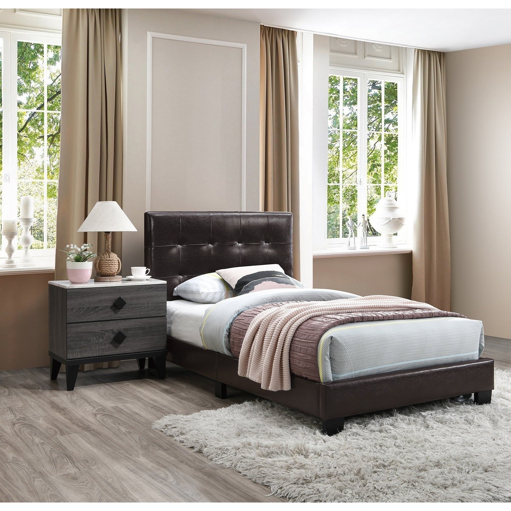 3Pc Bed Set Twin Bed 2X Nightstand Faux Marble Top Diamond Handles