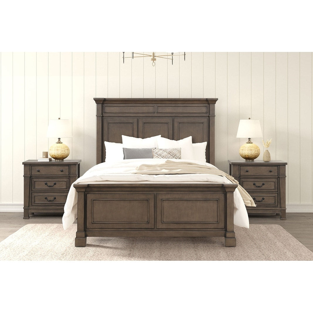 3Pc Bed And Nightstands W Charging Ports Walnut Finish Bedroom Set