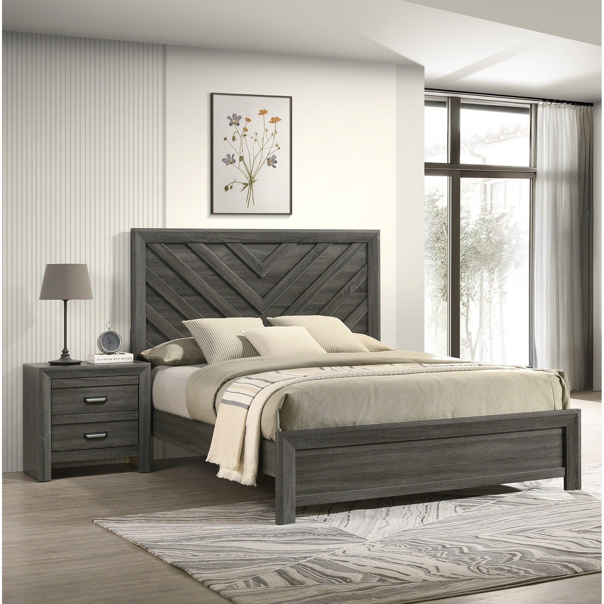 3Pc Contemporary Chevron Patterned Headboard Panel Bed 2X Nightstand Set Gray Finish Bedroom Furniture