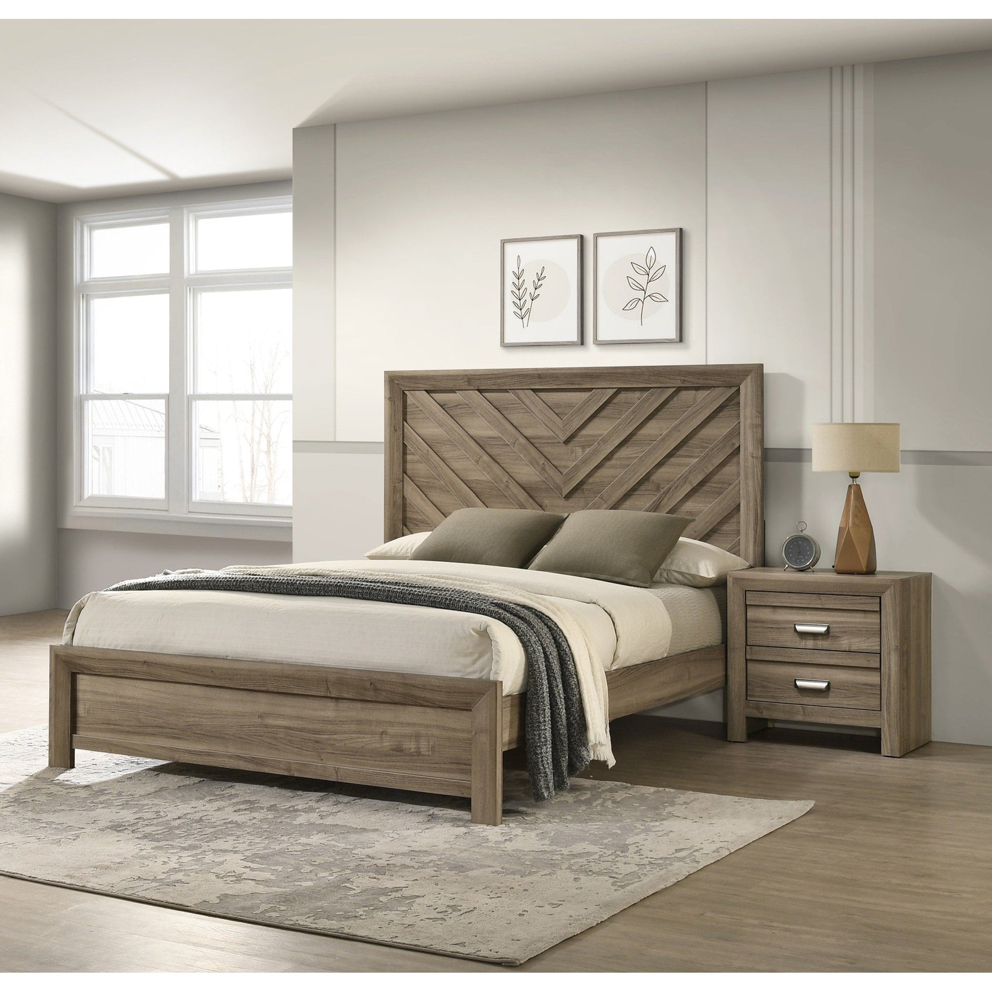 3Pc Contemporary Chevron Patterned Headboard Panel Bed 2X Nightstand Set Light Brown Finish Bedroom Furniture