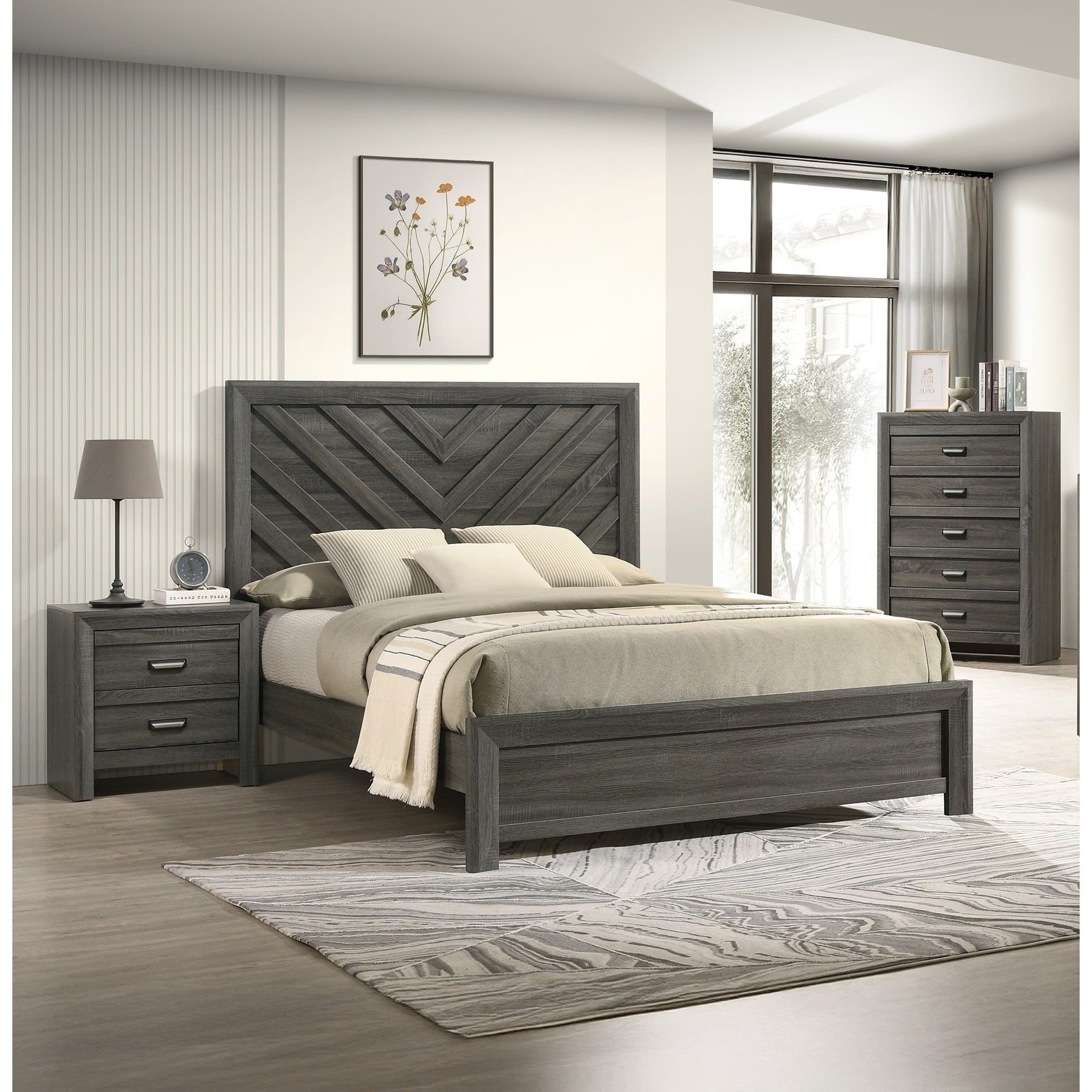 3Pc Contemporary Chevron Patterned Headboard Panel Bed Chest Nightstand Gray Finish Furniture