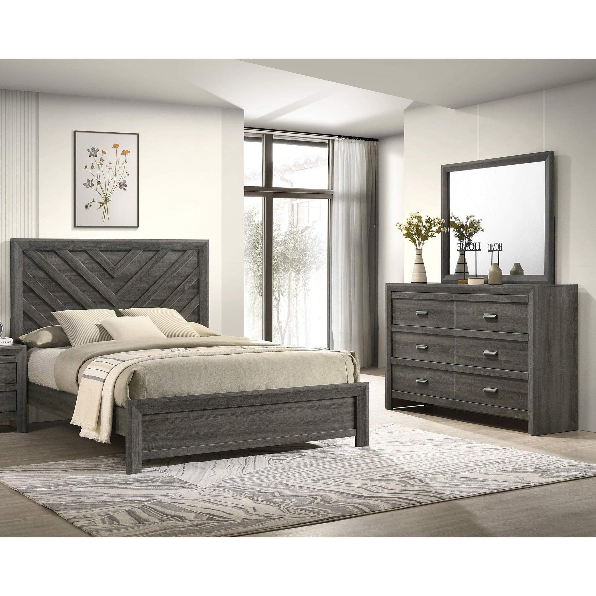 3Pc Contemporary Chevron Patterned Headboard Panel Bed Dresser Mirror Gray Finish Furniture