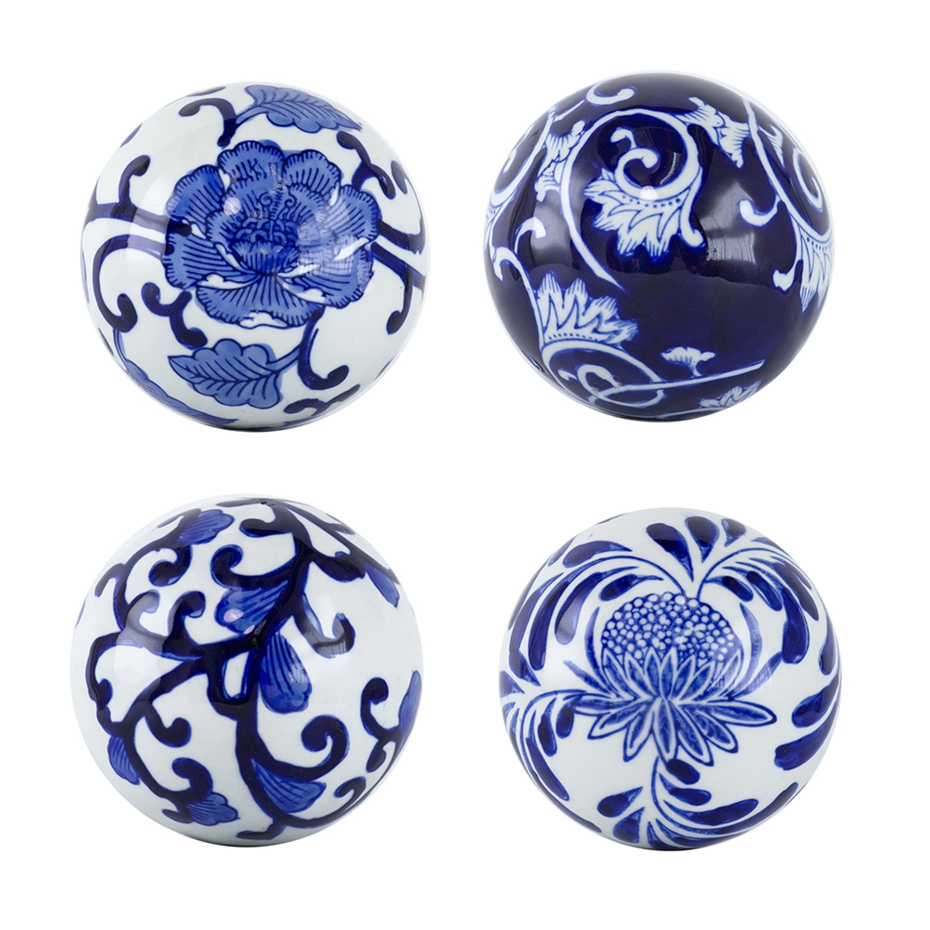 3Pc Decorative Orbs Balls Set Glossy Blue White Porcelain Floral Motifs