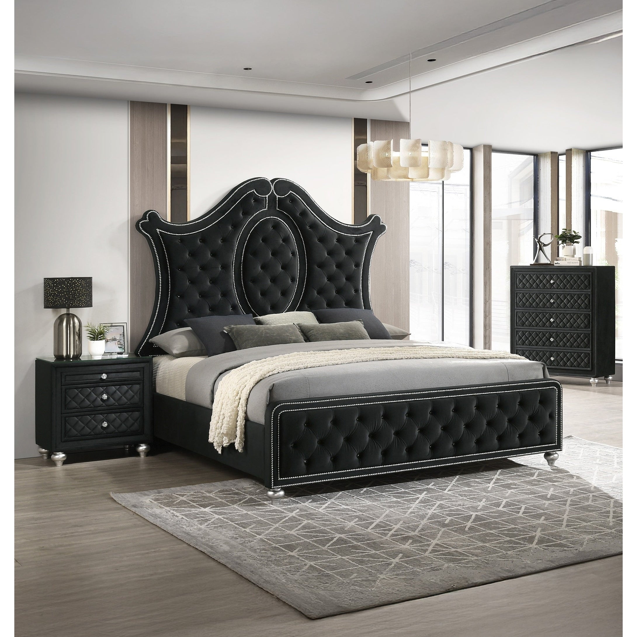 3Pc Glam Black Tufted Headboard Luxurious Upholstery Diamond Patterned Panel Bed Chest Nightstand Set Furniture