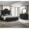 3Pc Glam Black Tufted Headboard Luxurious Upholstery Diamond Patterned Panel Bed Dresser Mirror Set Bedroom Furniture