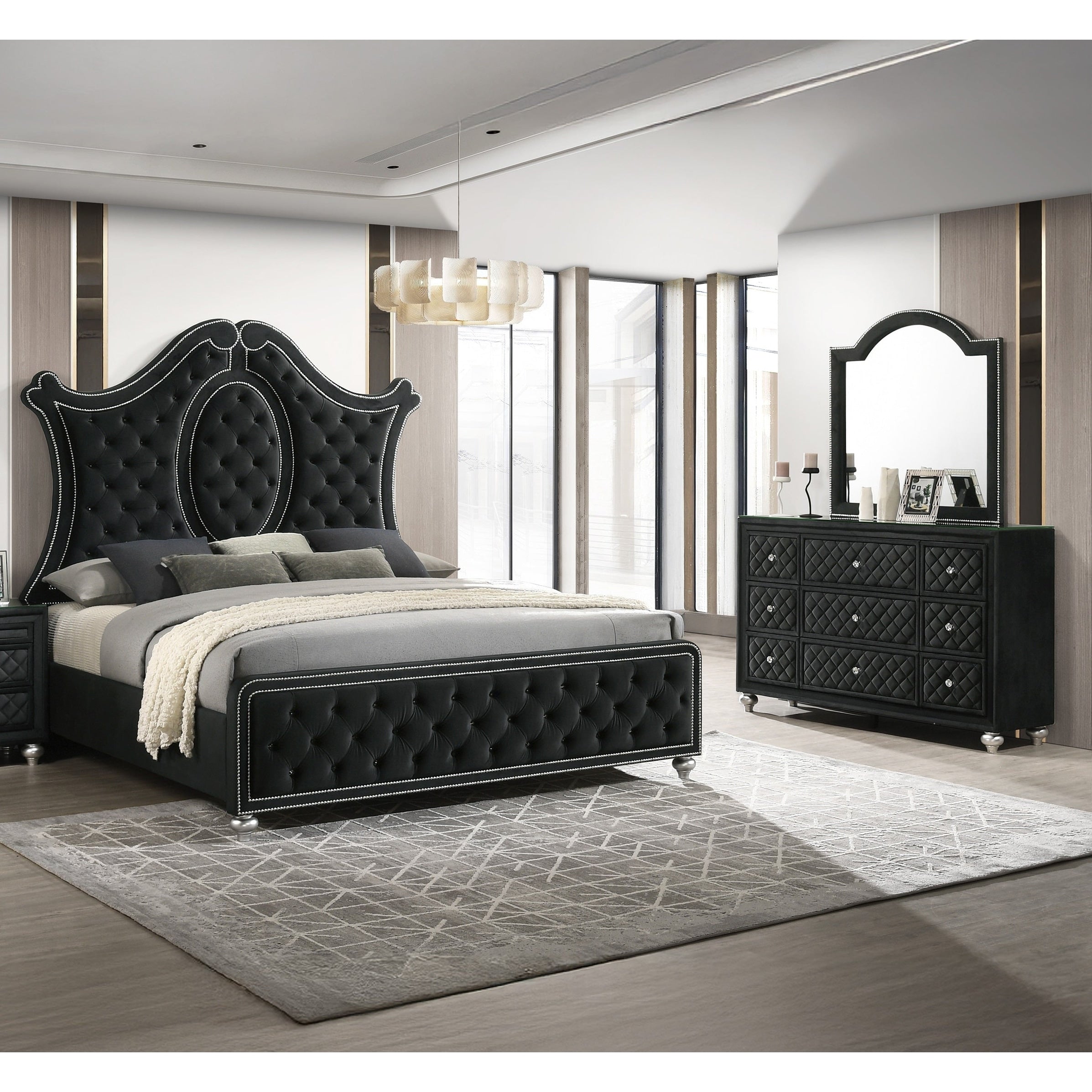 3Pc Glam Black Tufted Headboard Luxurious Upholstery Diamond Patterned Panel Bed Dresser Mirror Set Bedroom Furniture