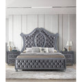3Pc Glam Gray Tufted Headboard Luxurious Upholstery Diamond Patterned Panel Bed 2X Nightstand Set Bedroom Furniture