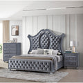 3Pc Glam Gray Tufted Headboard Luxurious Upholstery Diamond Patterned Panel Bed Chest Nightstand Set Furniture