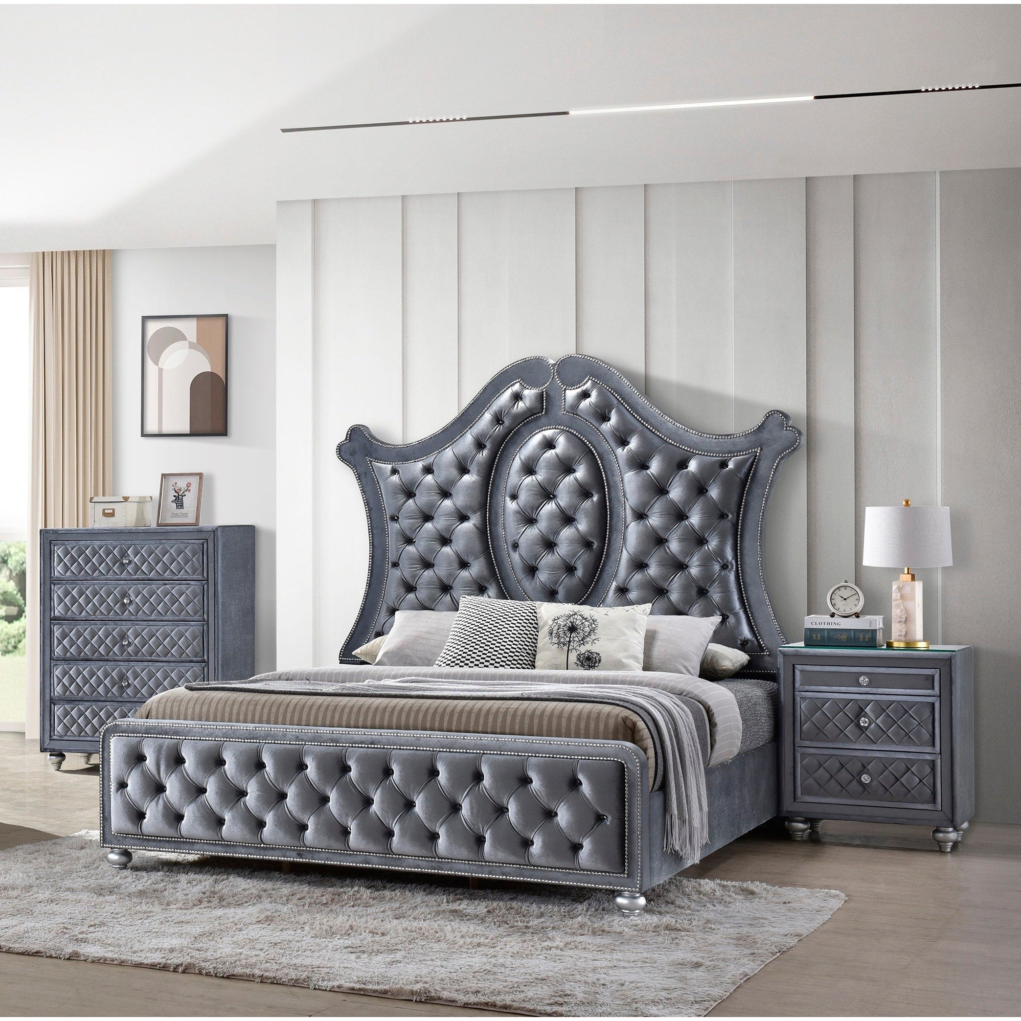 3Pc Glam Gray Tufted Headboard Luxurious Upholstery Diamond Patterned Panel Bed Chest Nightstand Set Furniture