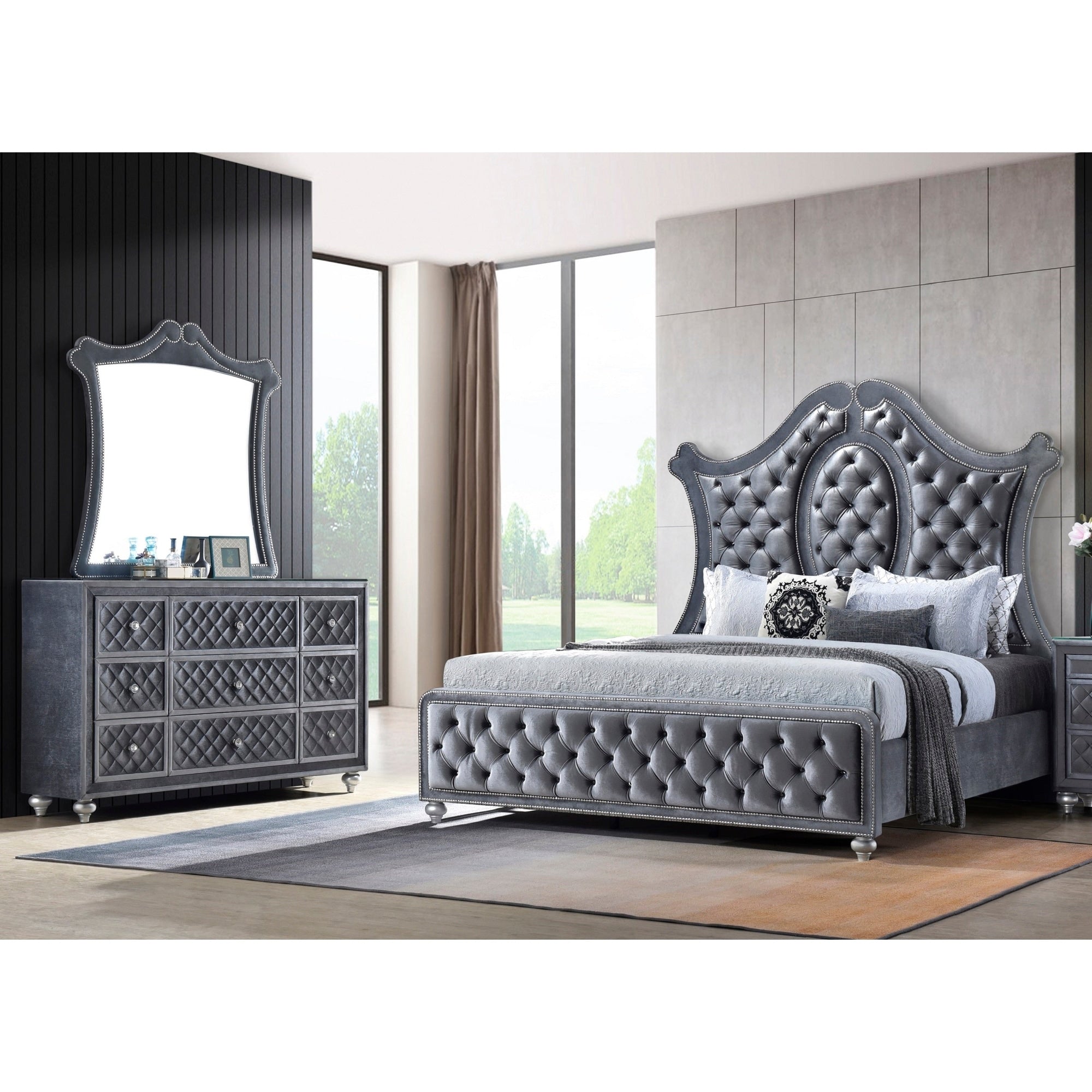 3Pc Glam Gray Tufted Headboard Luxurious Upholstery Diamond Patterned Panel Bed Dresser Mirror Set Bedroom Furniture