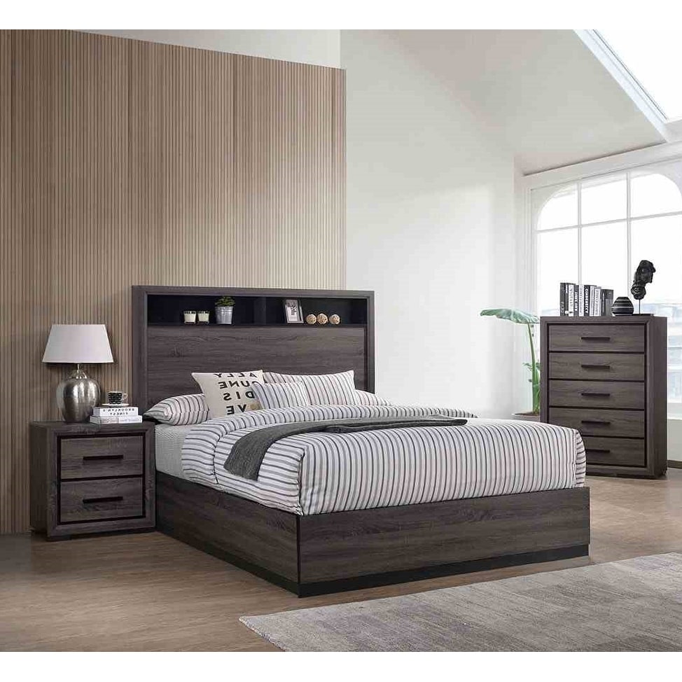 3Pc Gray Wooden Bed Nightstand Chest Bedroom Furniture Set