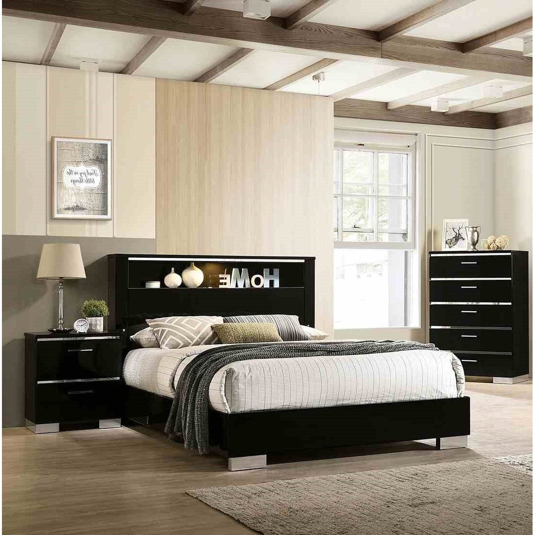 3Pc Led Bed Nightstand W Usb Charging Port Chest Black High Gloss Finish Bedroom Set