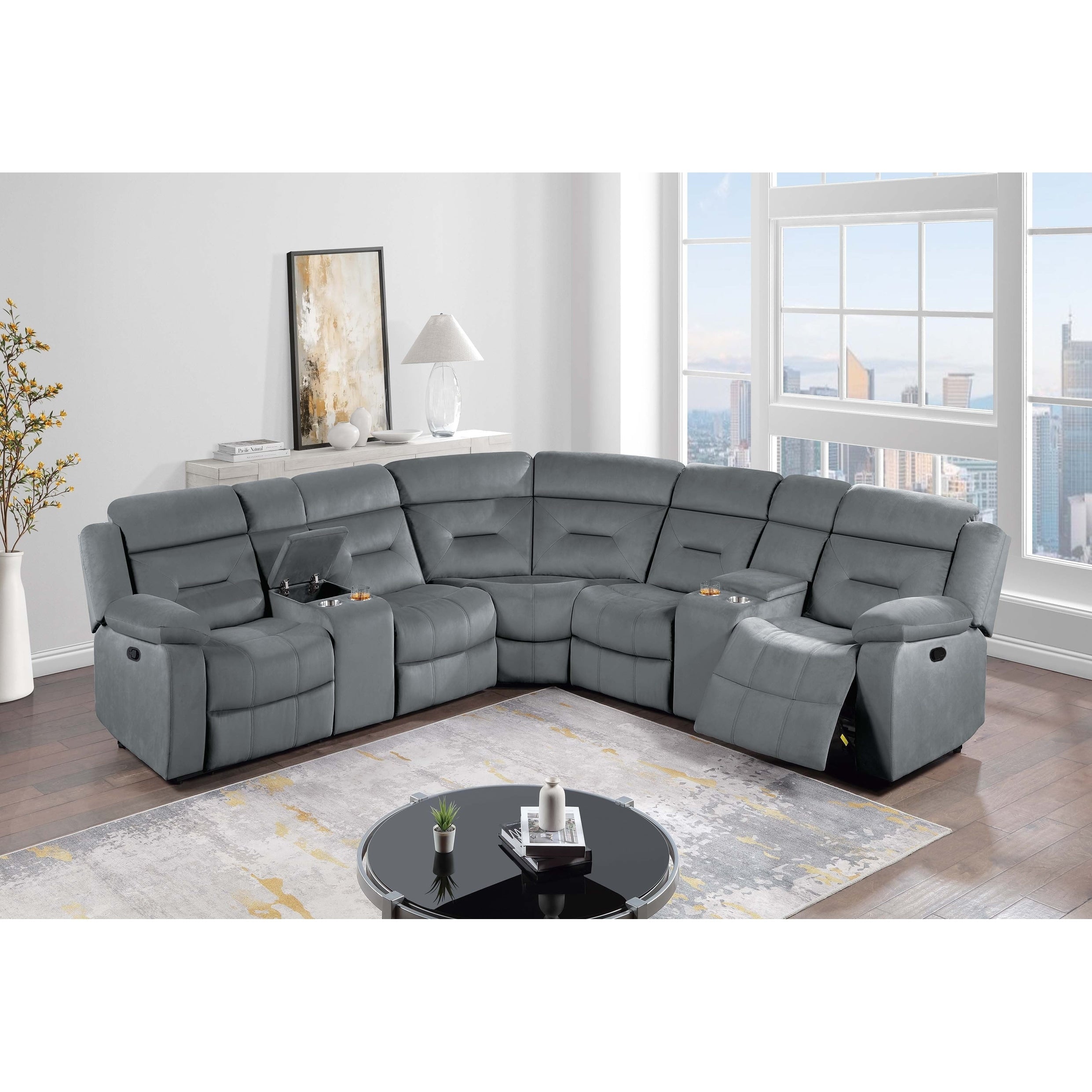 3Pc Manual Sectional Set Dark Gray Finish Pillow Arms Cup Holders Storage
