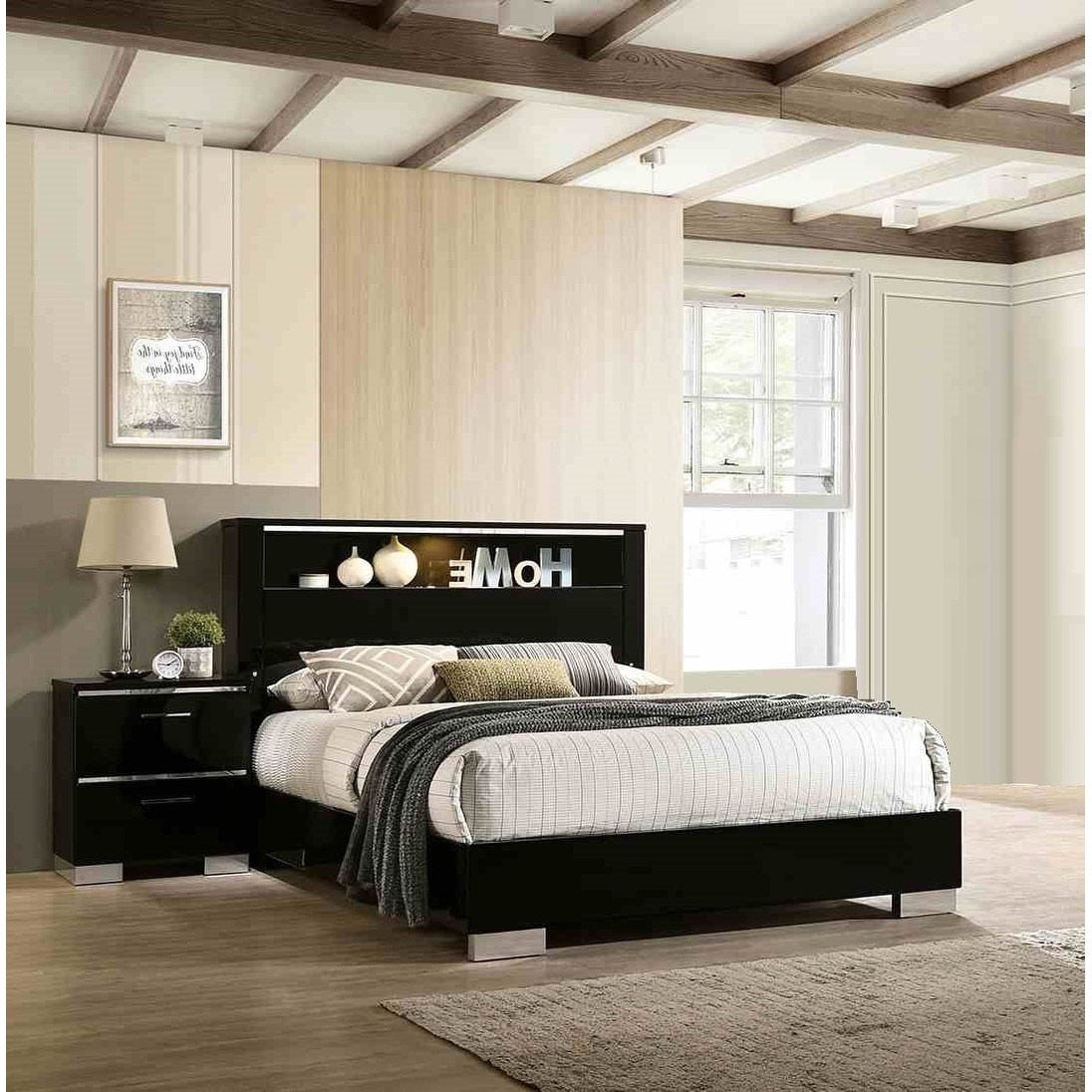 3Pc Modern Black Gloss Finish Shelf Bed 2X Nightstands W Charging Port Bedroom Set