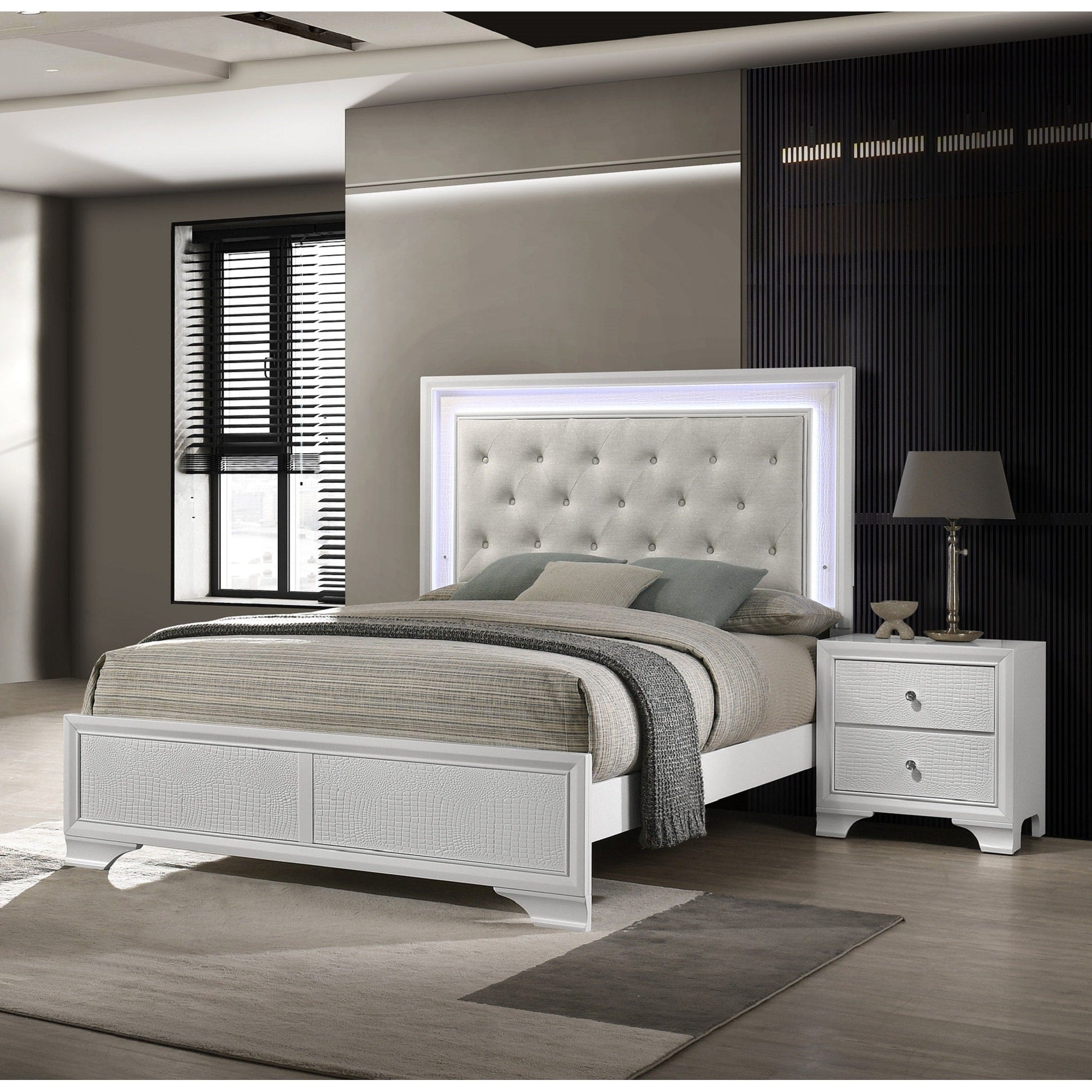 3Pc Modern Led Backlit Light Upholstered Tufted Headboard Panel Bed 2X Nightstand Set Crisp White Finish Furniture