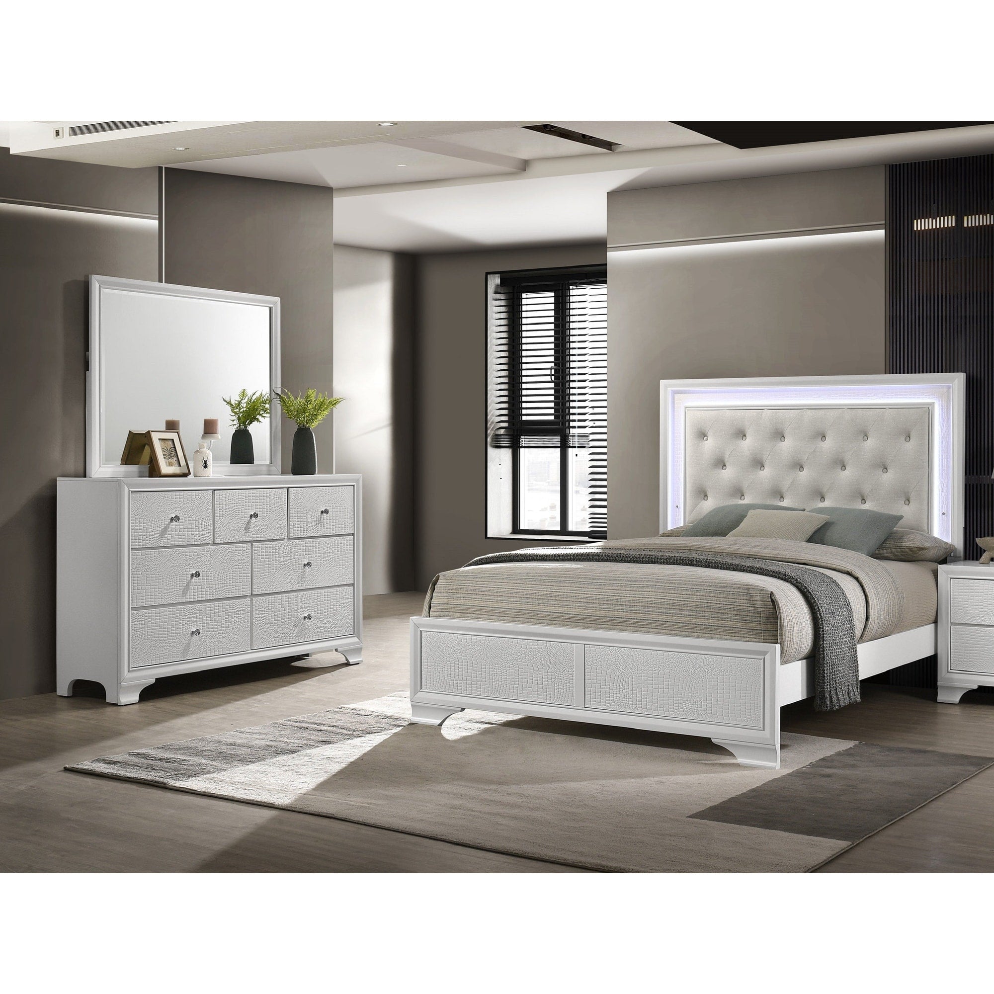 3Pc Modern Led Backlit Light Upholstered Tufted Headboard Panel Bed Dresser Mirror Set Crisp White Finish Furniture
