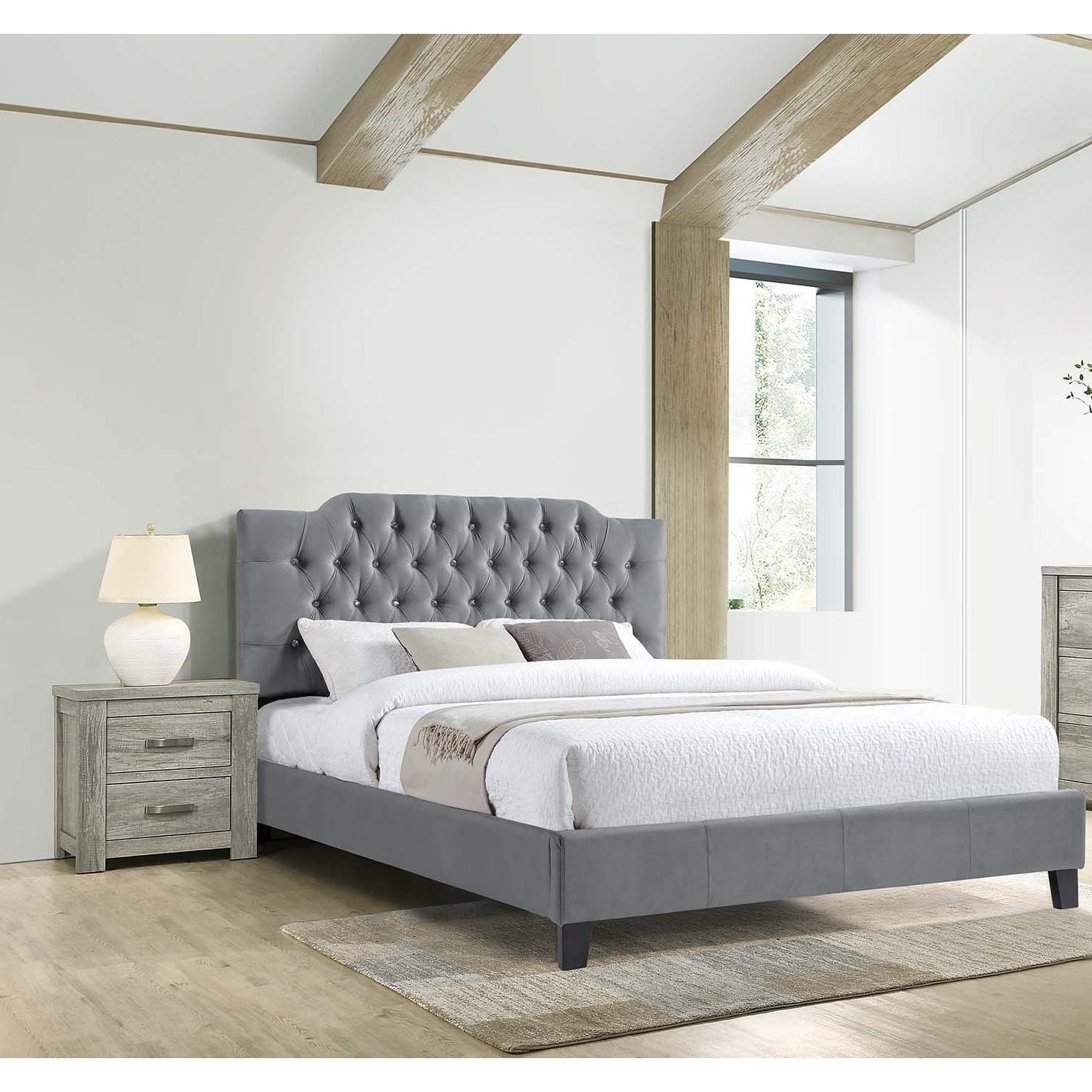 3Pc Set Bed 2X Nightstand Gray Finish Metal Handles Tapered Legs