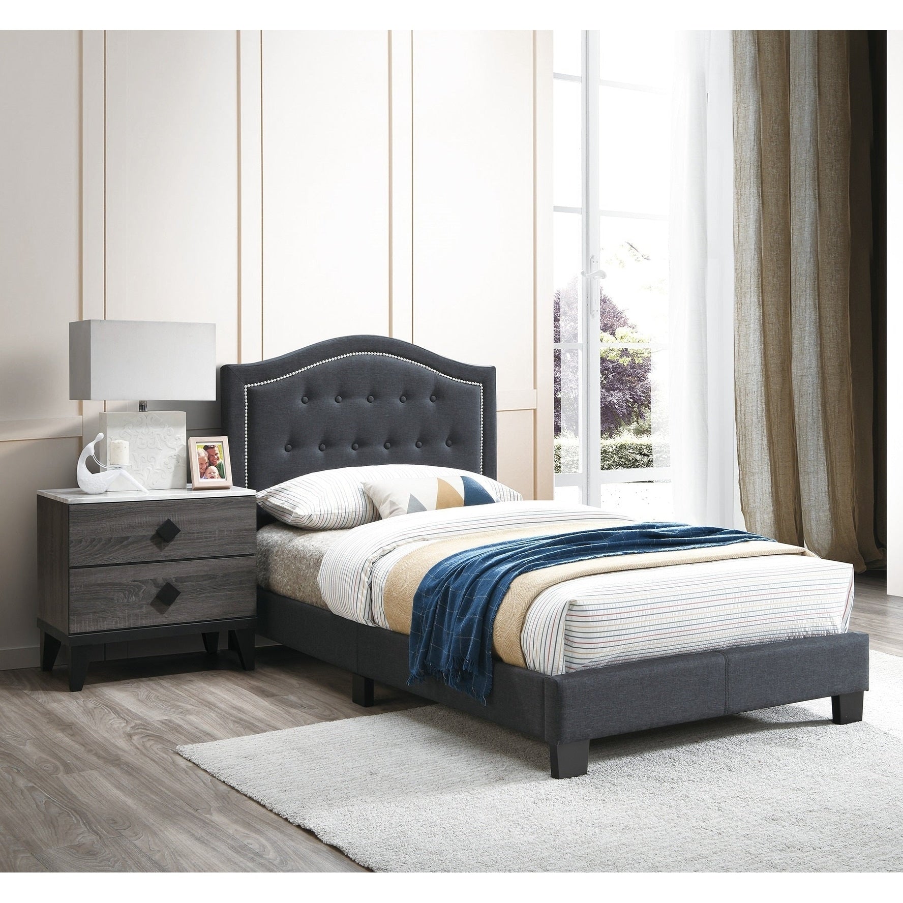 3Pc Set Bed 2X Nightstand Nailhead Trim Charcoal Finish