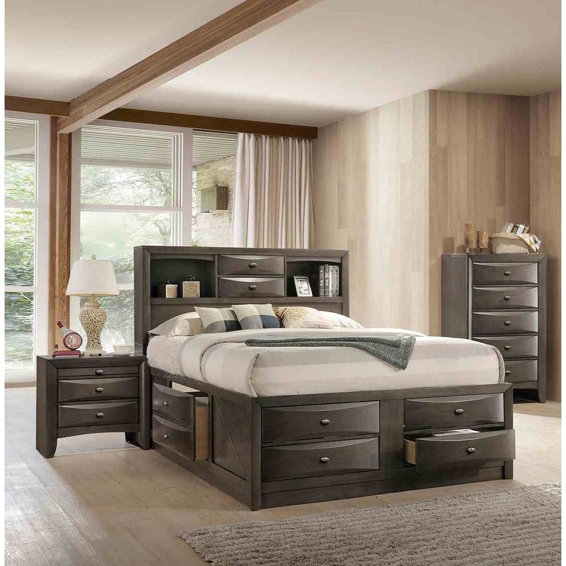3Pc Storage Designer Bedroom Furniture Set Gray Finish