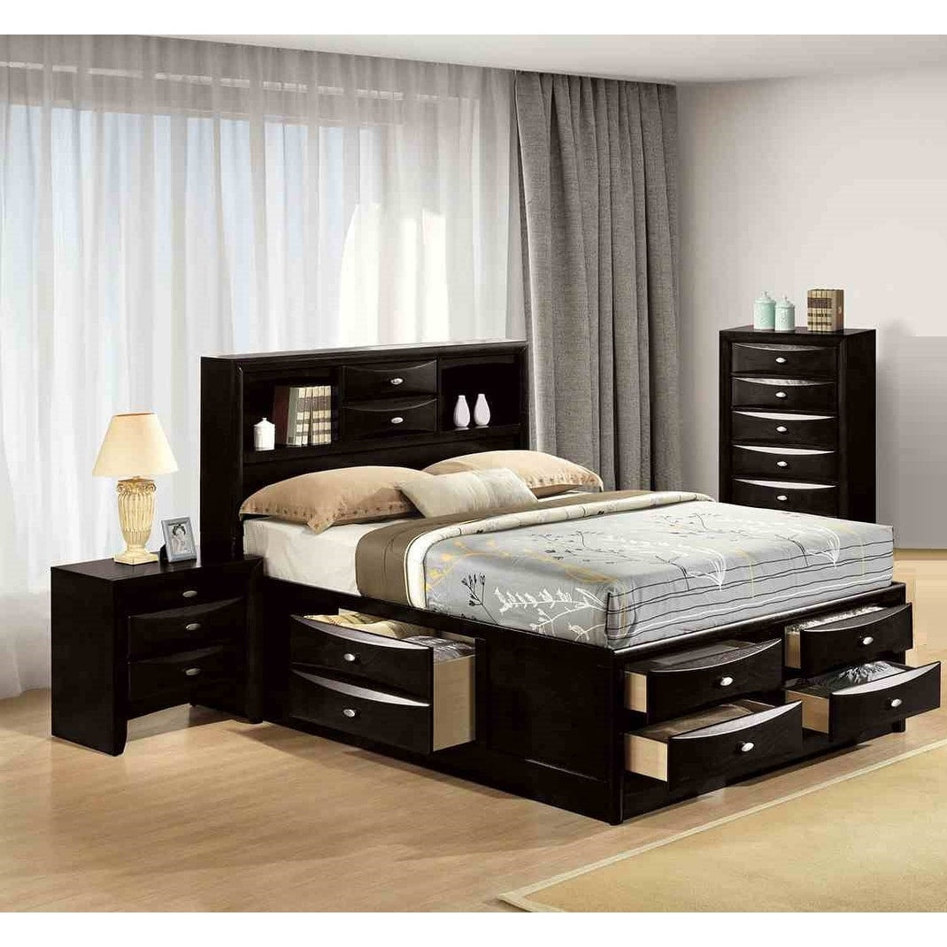 3Pc Transitional Solid Wood Drawers Bed Nightstand Chest Bedroom Set Black Finish