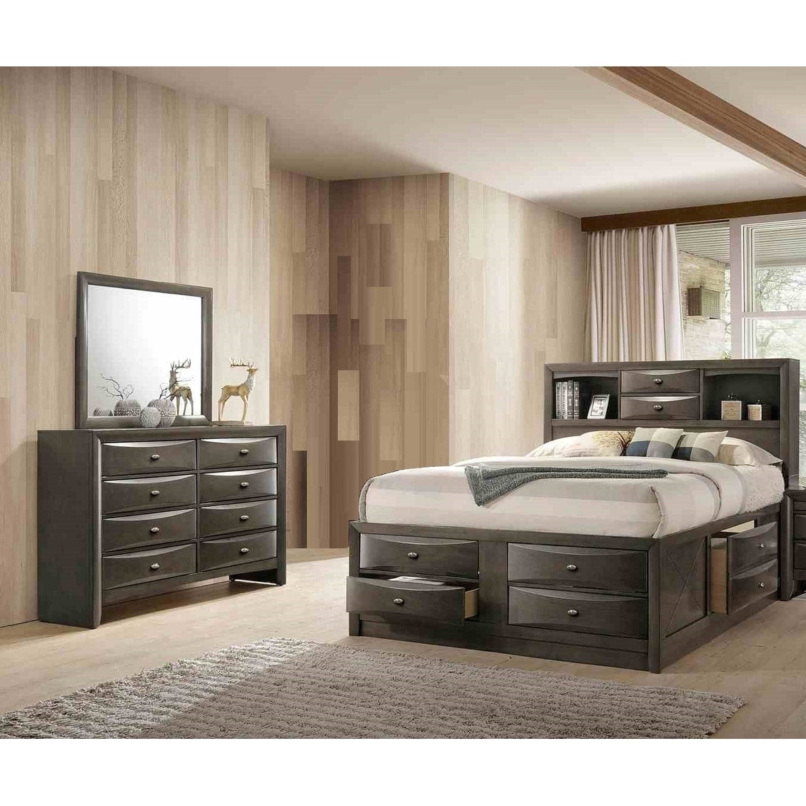 3Pc Transitional Storage Bed Dresser Mirror Bedroom Set Gray Finish Solid Wood