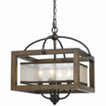 4 Bulb Semi Flush Pendant With Wooden Frame And Organza Striped Shade Brown