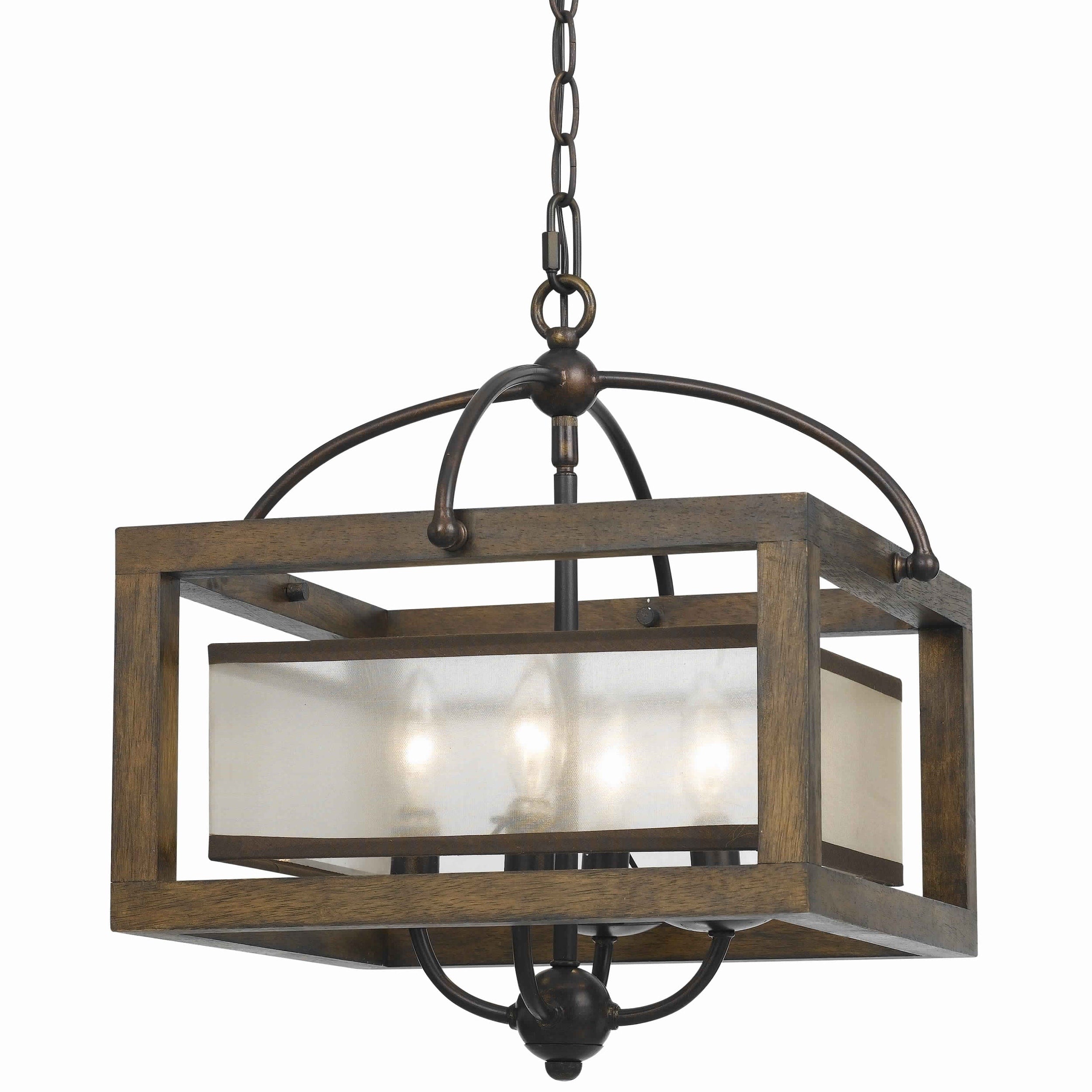 4 Bulb Semi Flush Pendant With Wooden Frame And Organza Striped Shade Brown
