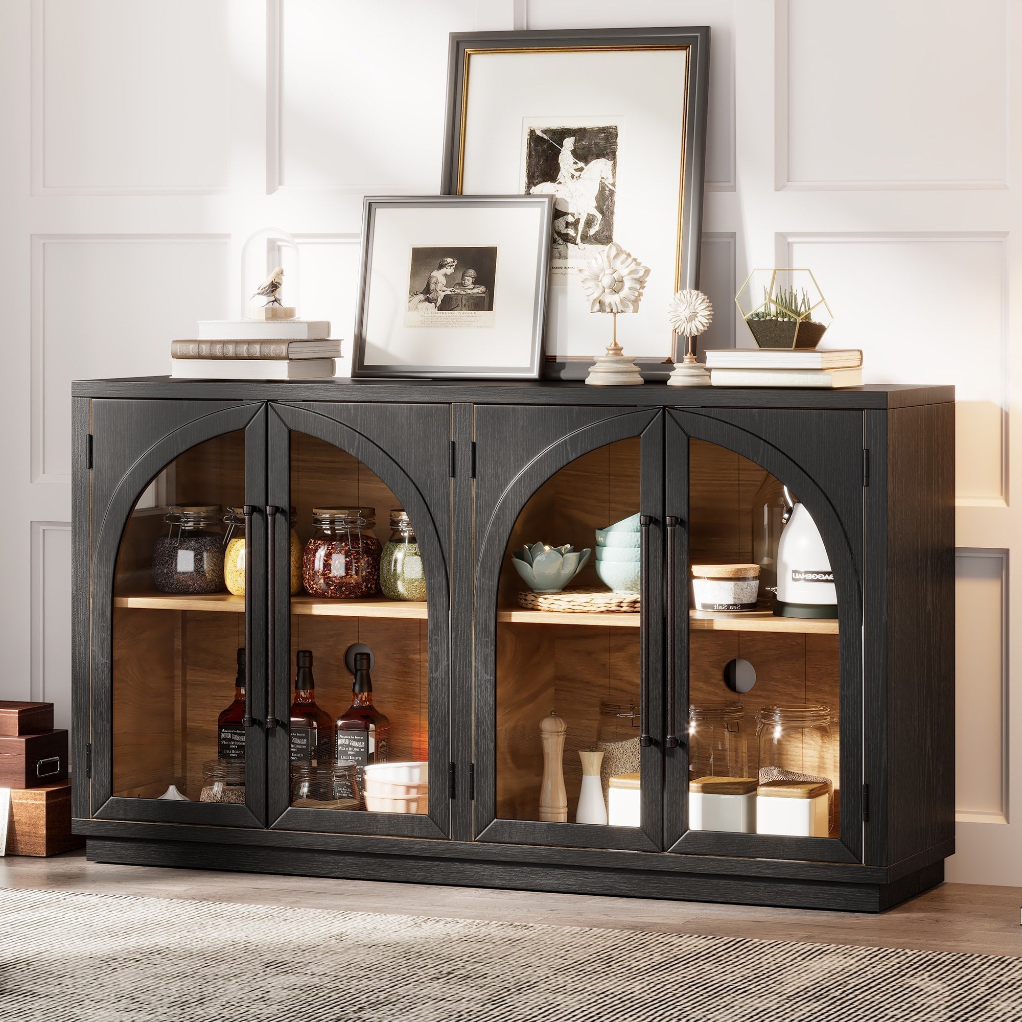 4 Door Large Storage Sideboard Buffet Cabinet With Glass Doors Arched Cabinet With Adjustable Shelves For Kitchen