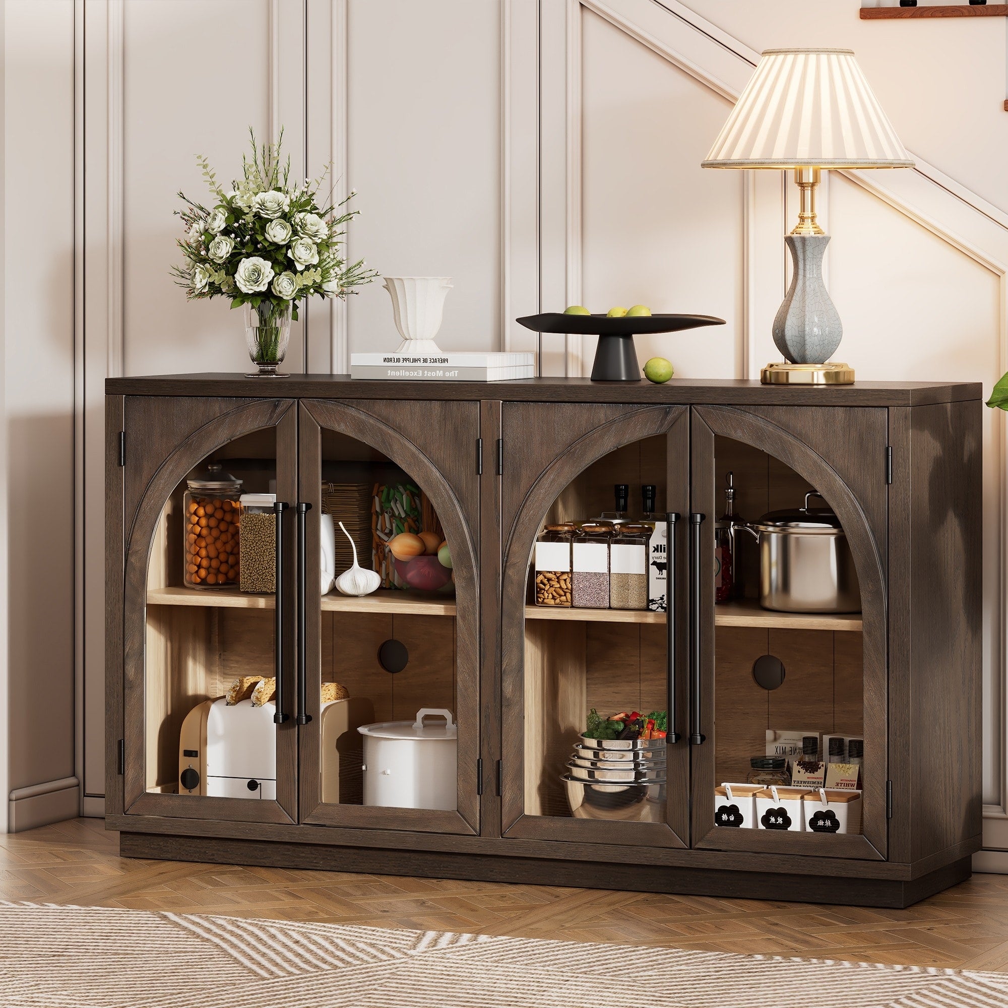 4 Door Large Storage Sideboard Buffet Cabinet With Glass Doors Arched Cabinet With Adjustable Shelves For Kitchen Dining Room