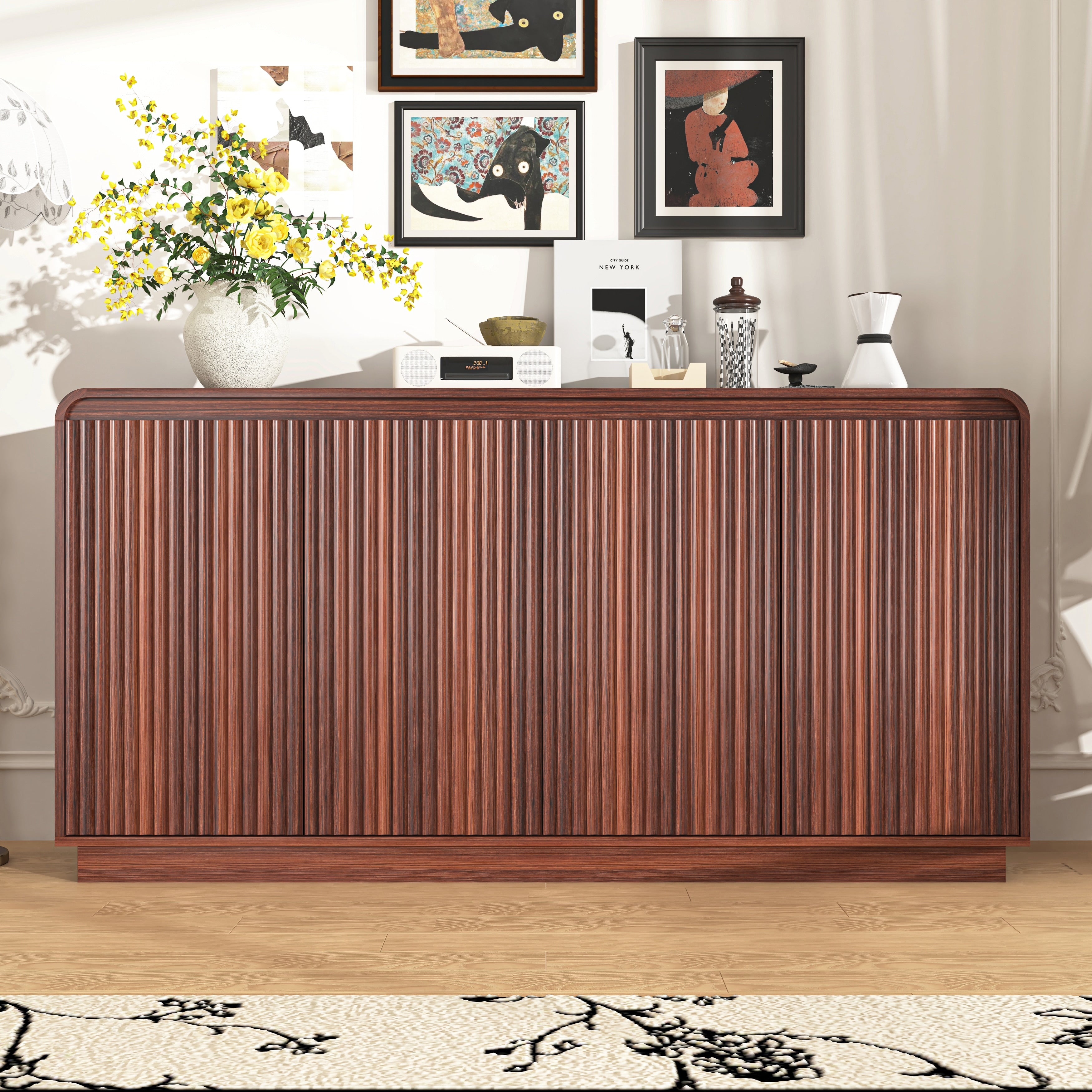 4 Door Multi Functional Media Console Buffet Sideboard With Power Outlet Adjustable 3 Tier Particle Board Storage Cabinet