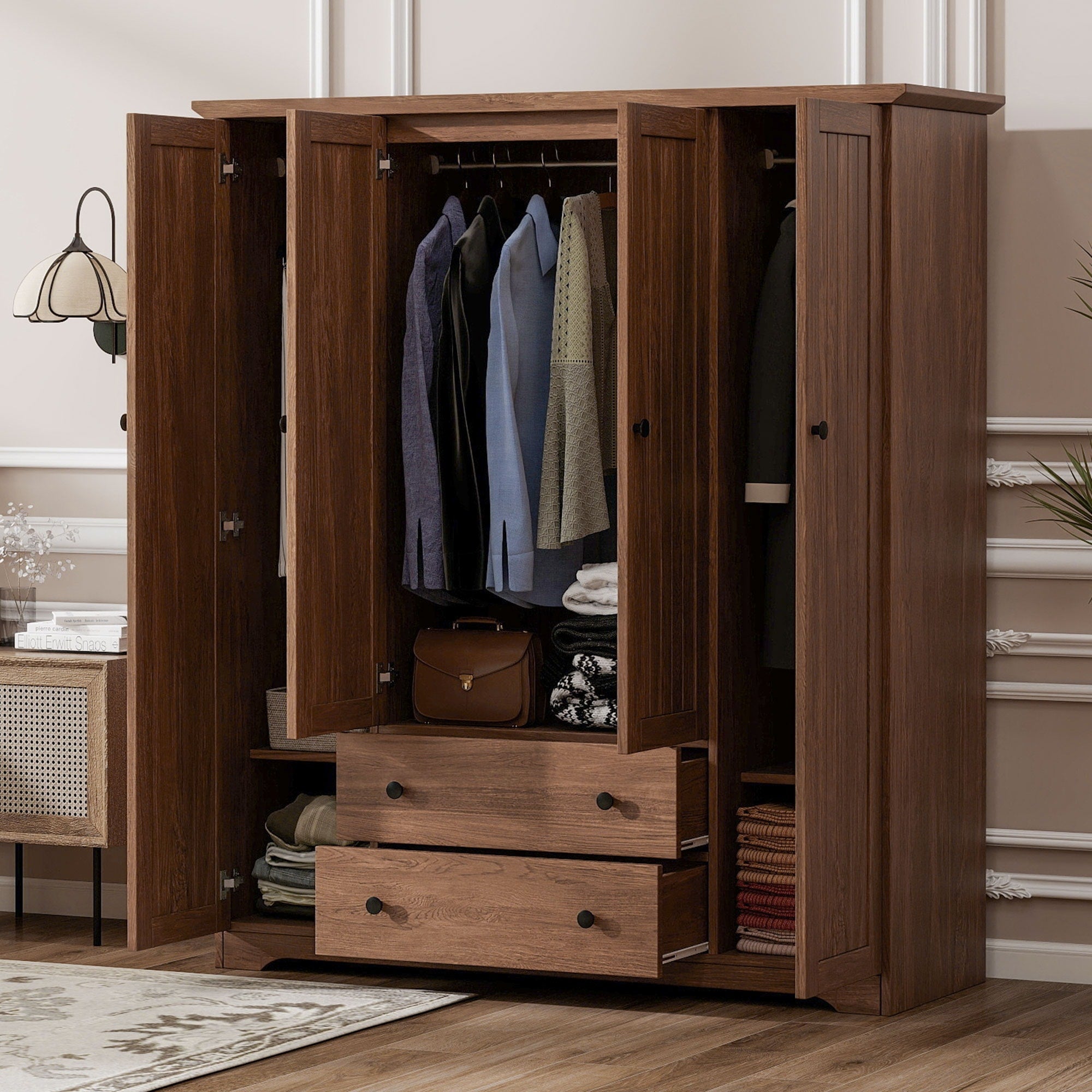4 Door Wardrobe Armoire Closet With 2 Drawers Brown Clothing Storage Cabinet Organizer With Hanging Rod