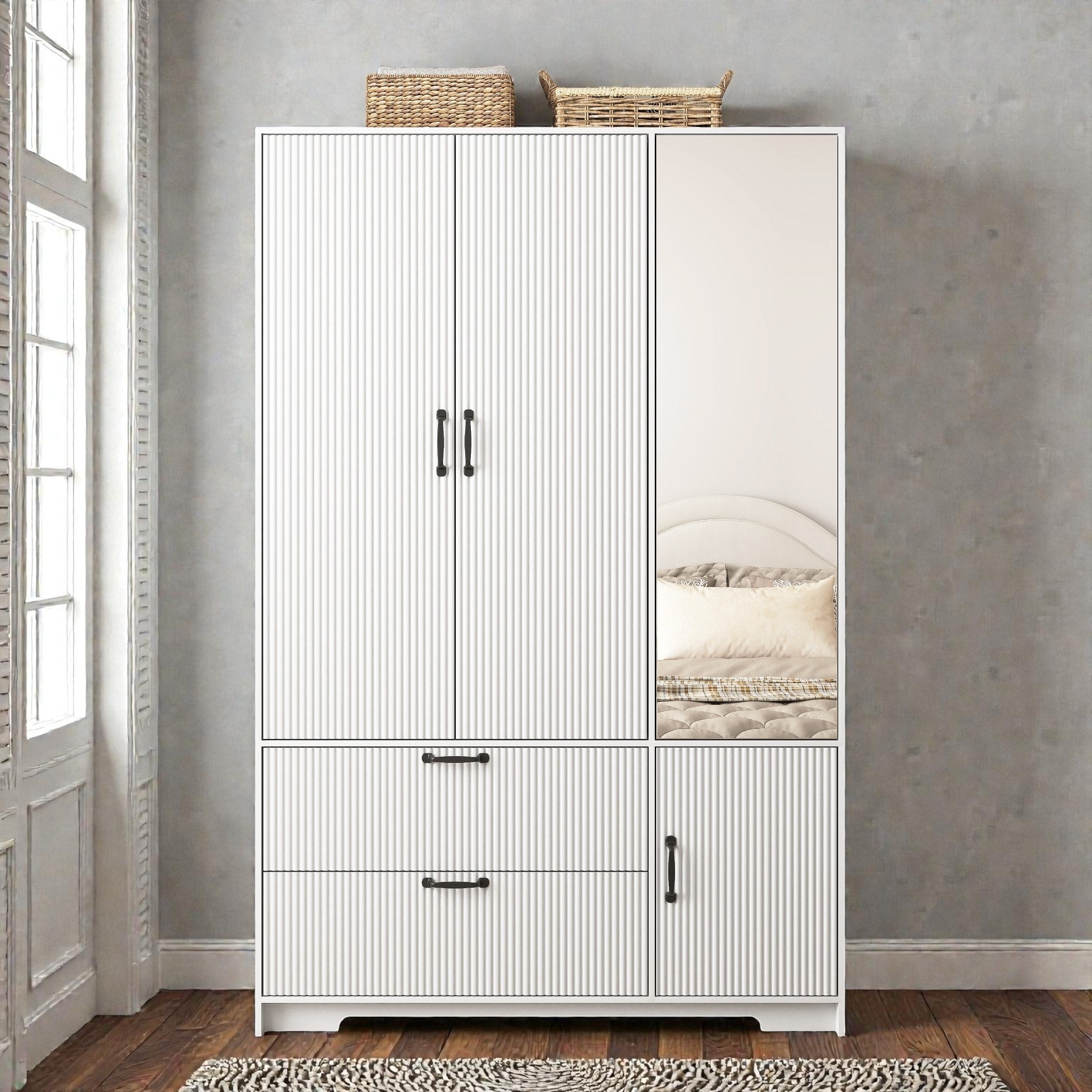 4 Door Wardrobe Closet With Mirror And Led Light Wooden Wardrobe Cabinet With 2 Drawers Hanging Rod And Shelves
