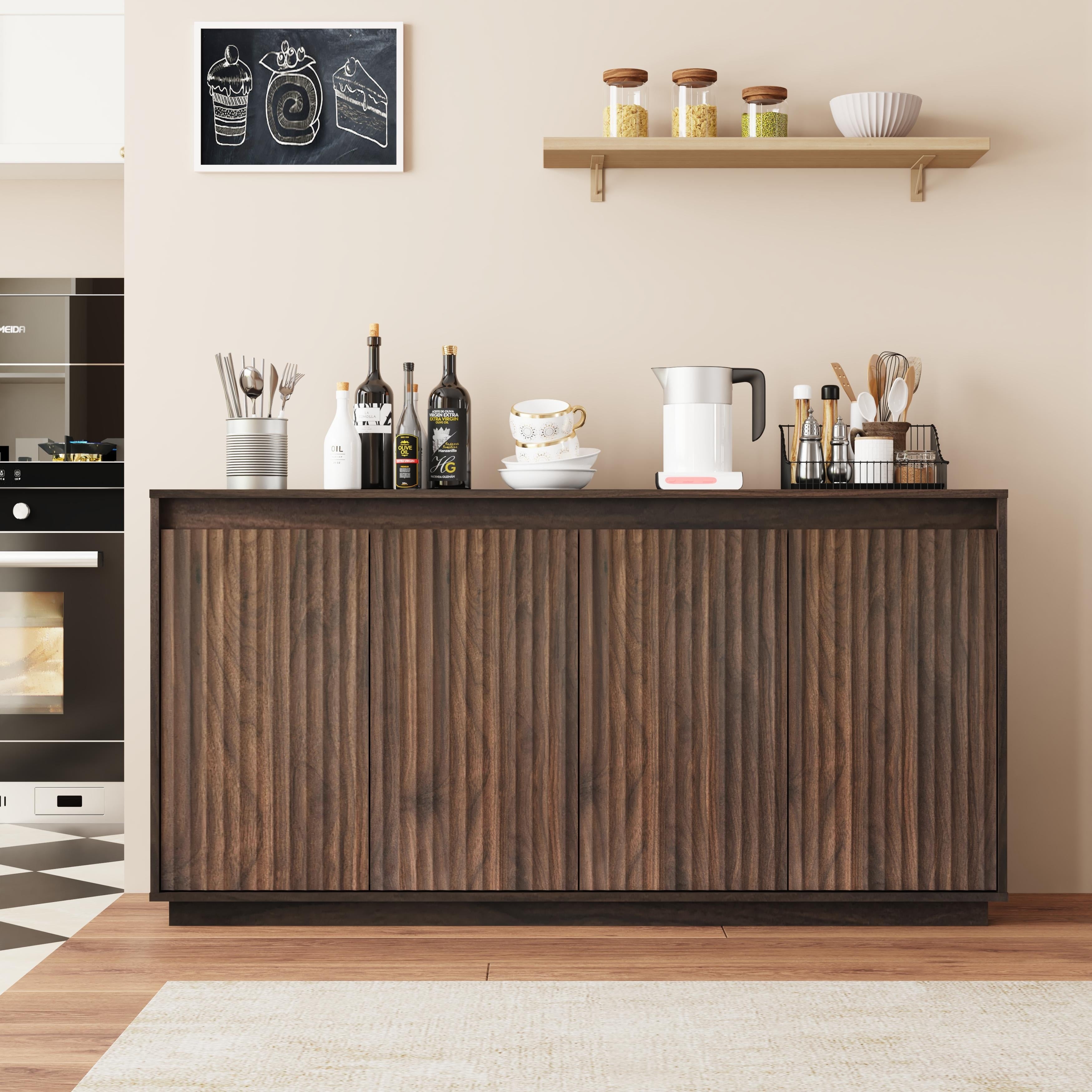 4 Door Wood Sideboard Buffet Wavy Vertical Texture Accent Cabinet With No Handle Design Freestanding Kitchen Storage Cabinet