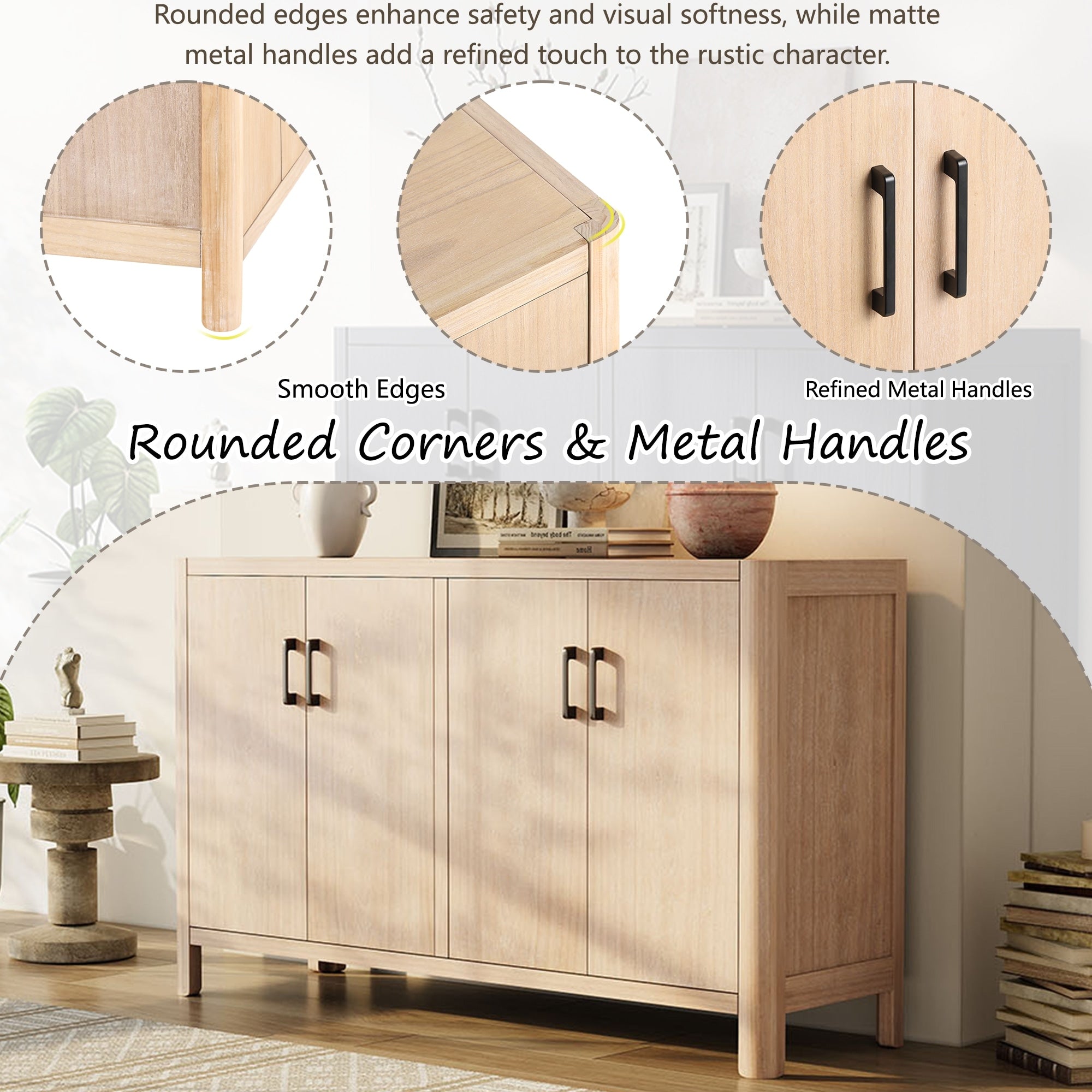 4 Door Wooden Sideboard Cabinet Multi Functional Hallway Sofa Table Large Storage Cabinet With Shelves For Living Room