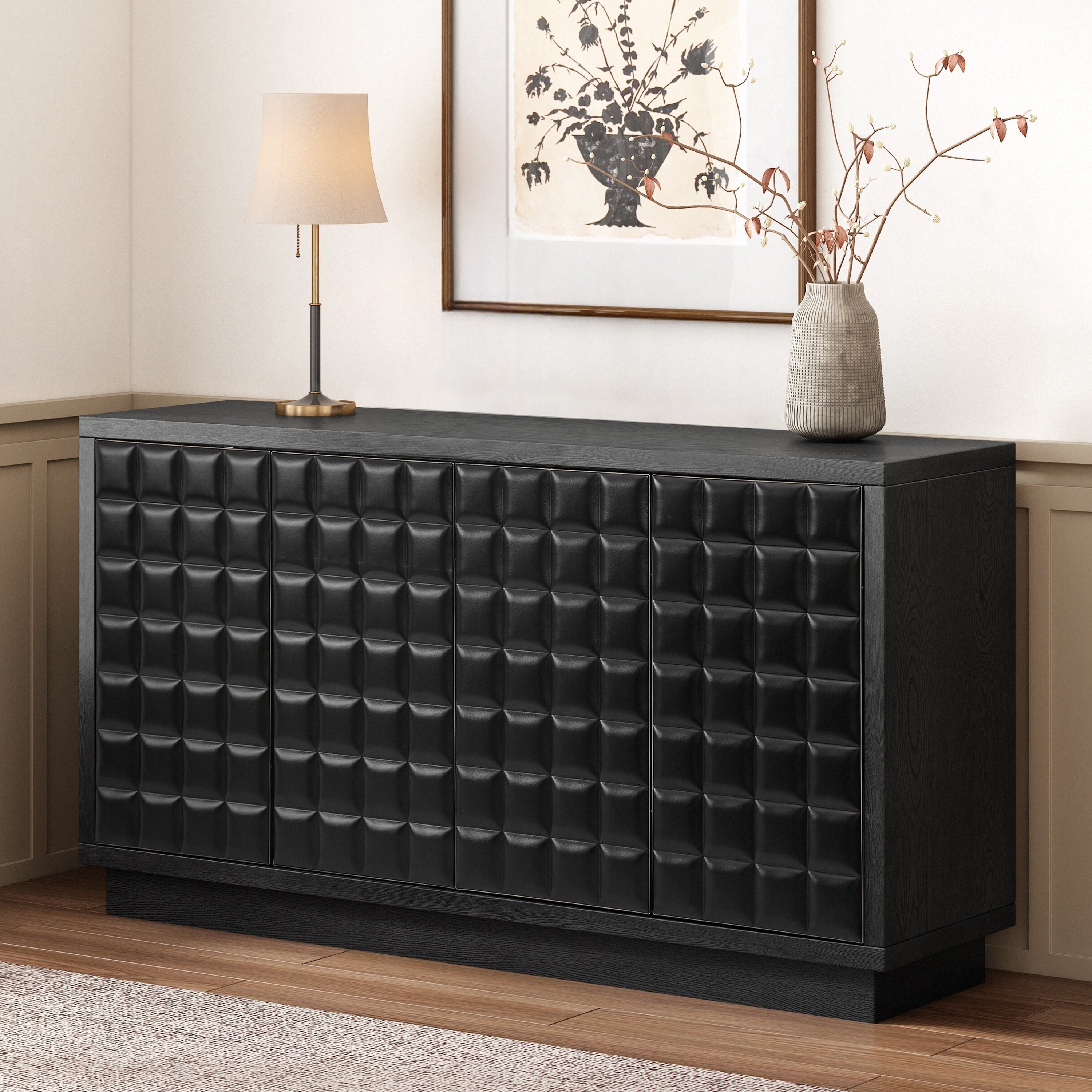 4 Door Wooden Storage Cabinet Buffet Cabient With 3D Geometric Doors Metal Trim Coffee Bar Table With Adjustable Shelf