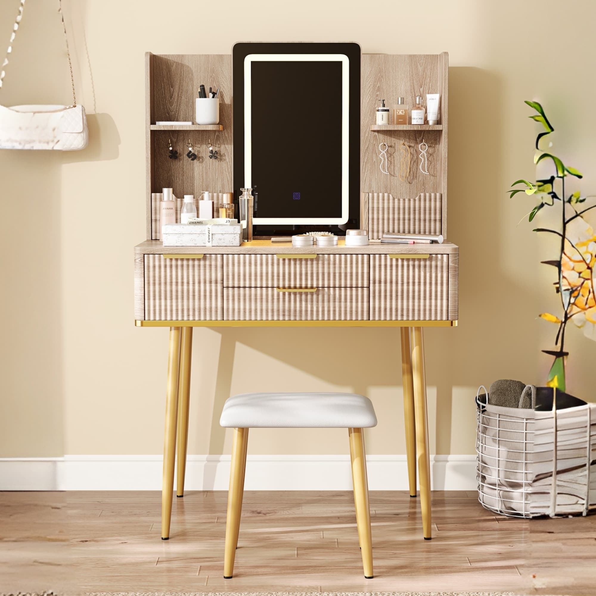 4 Drawer Vanity Desk With Led Mirror Carved Details