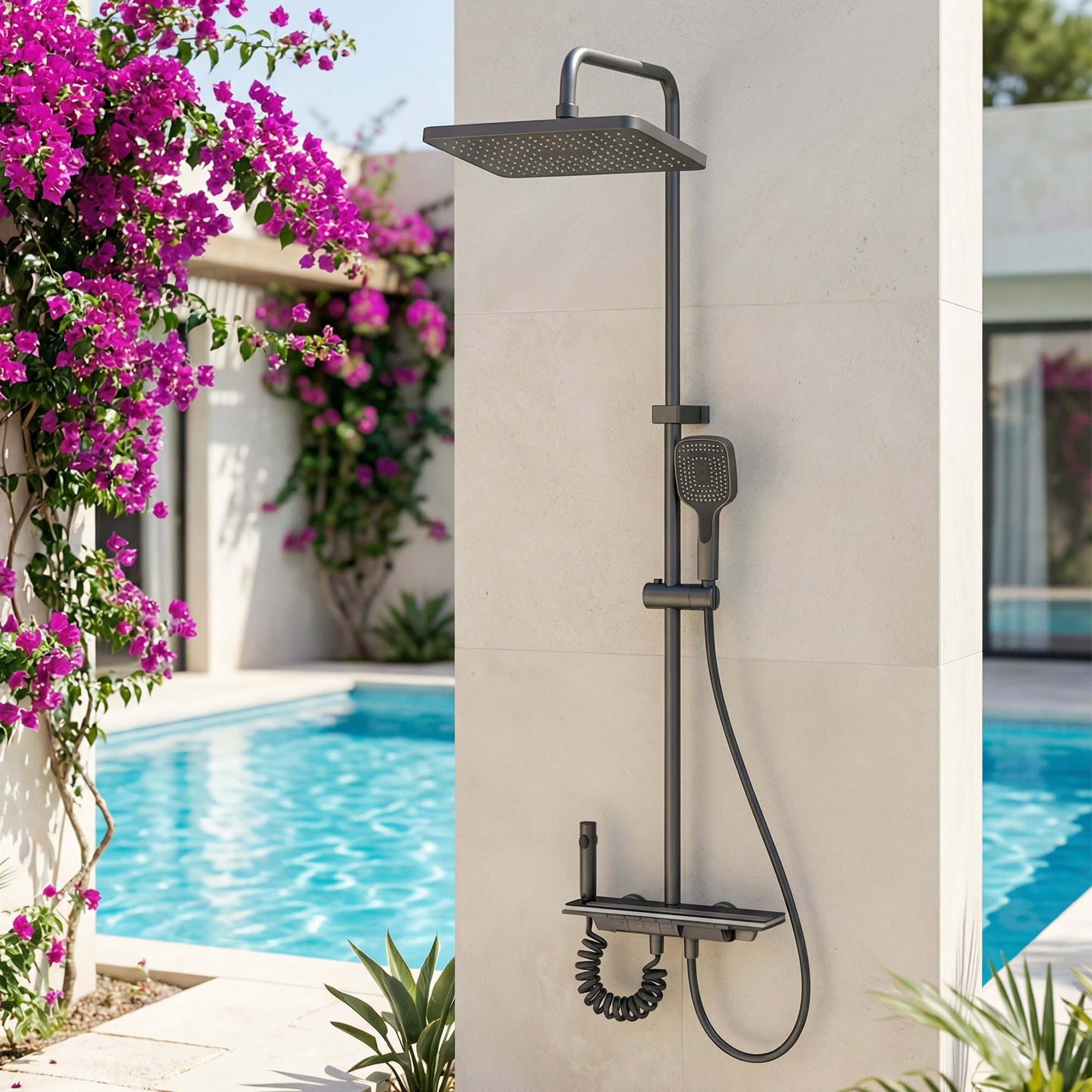 4 In 1 Rainfall Shower System With Led Temperature Display Gunmetal Gray Shower Faucet Set With Handheld Shower Spray Gun