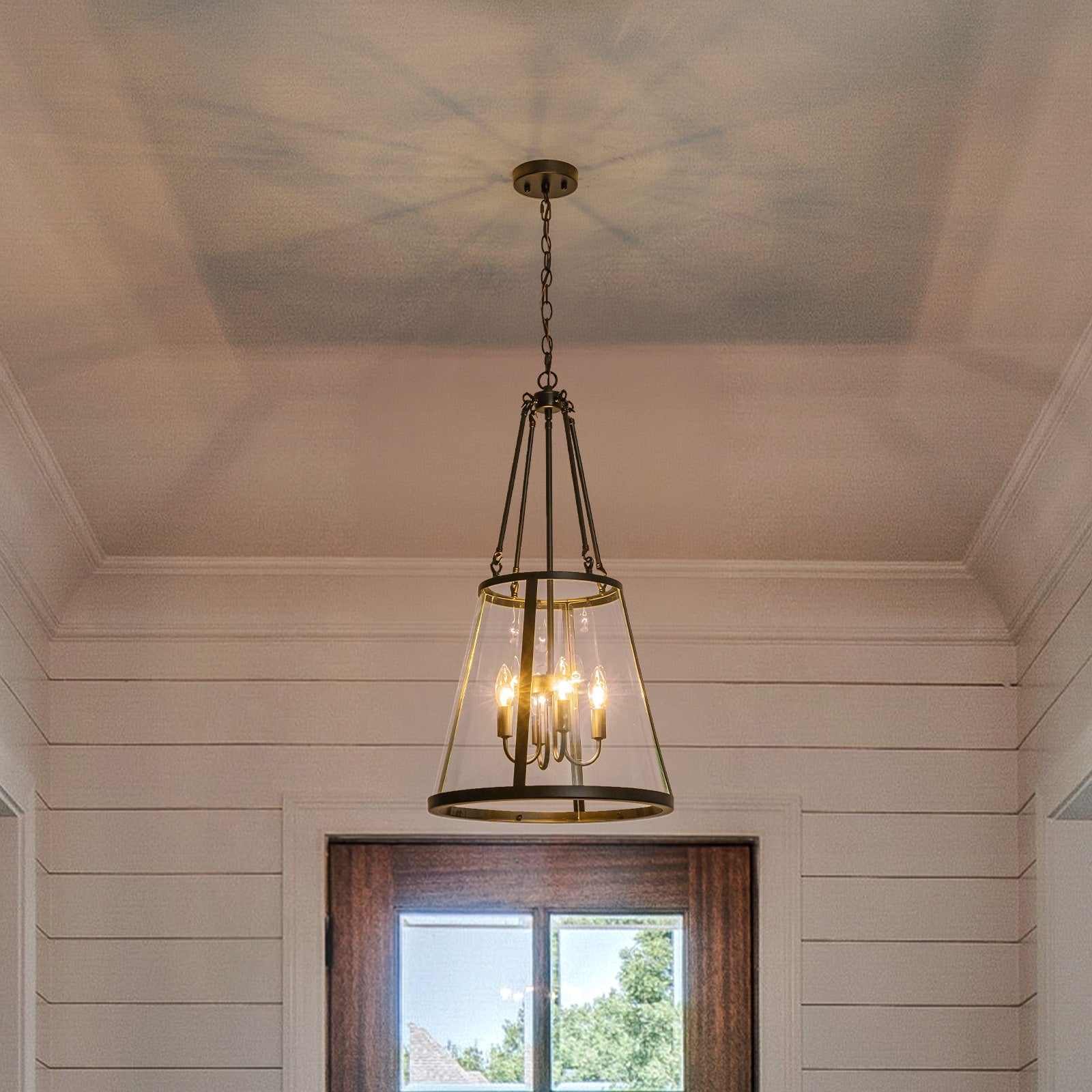 4 Light Black Farmhouse Clear Glass Drum Pendant Light