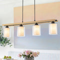 4 Light Black Linear Pendant Light Clear Glass Linen Cylinder Shades W 34.25 In