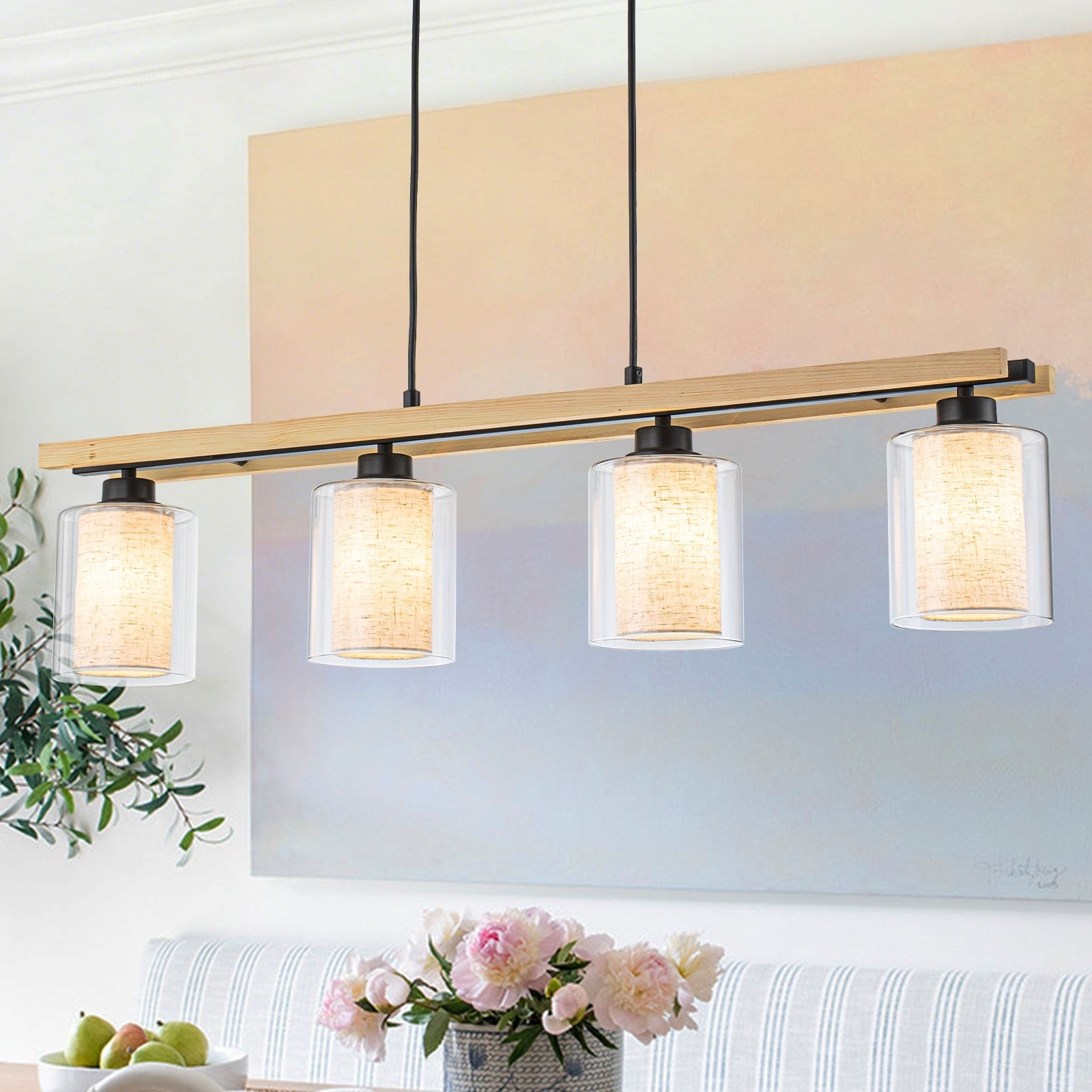 4 Light Black Linear Pendant Light Clear Glass Linen Cylinder Shades W 34.25 In