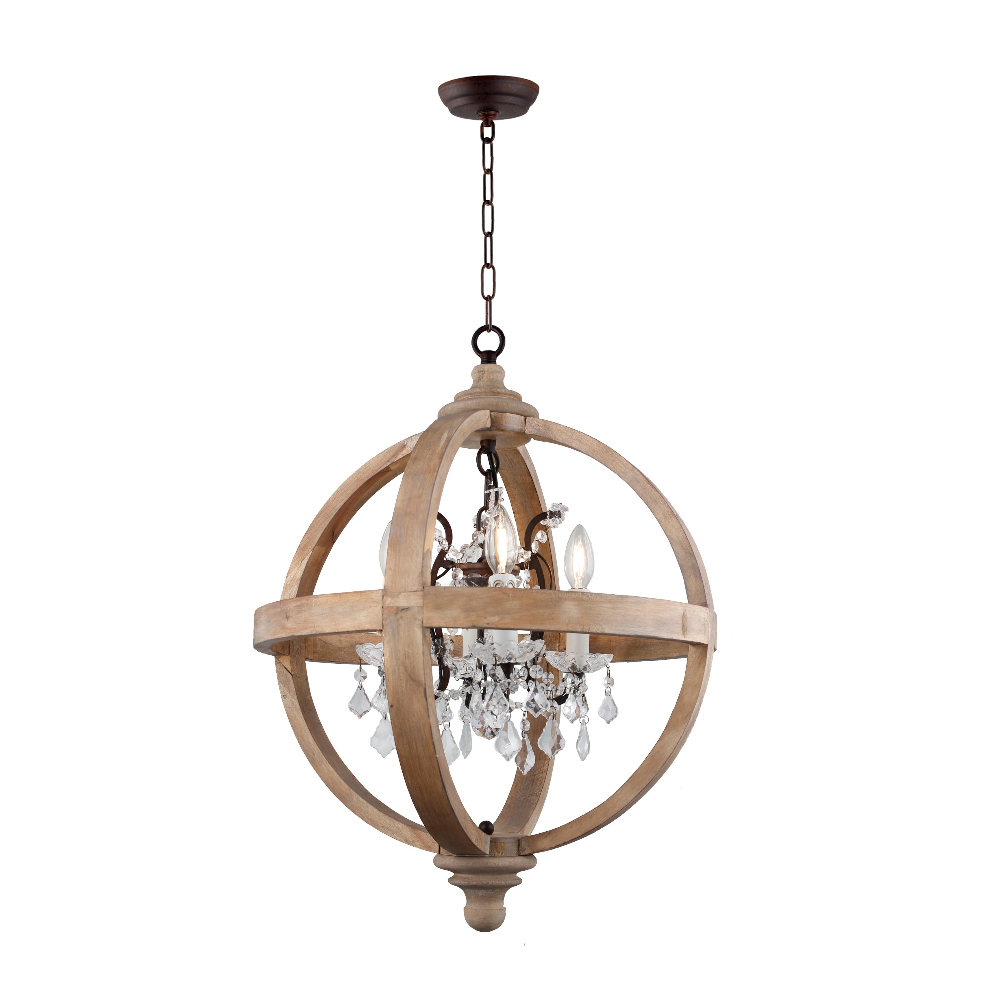 4 Light Candle Style Globe Chandelier In Natural Wood Finish