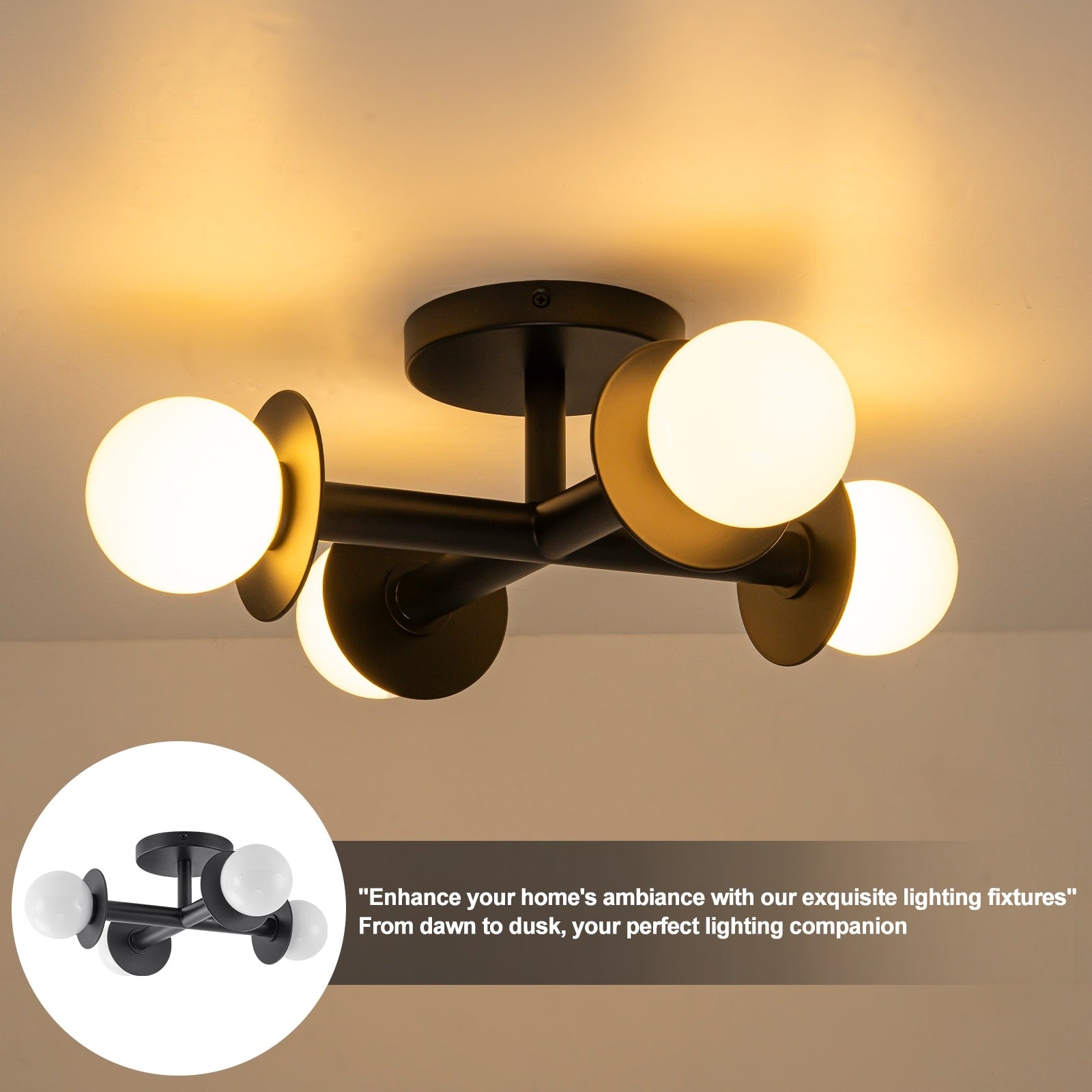 4 Light Cross Semi Flush Mount Ceiling Light Frosted Glass Globes Dia.18 In