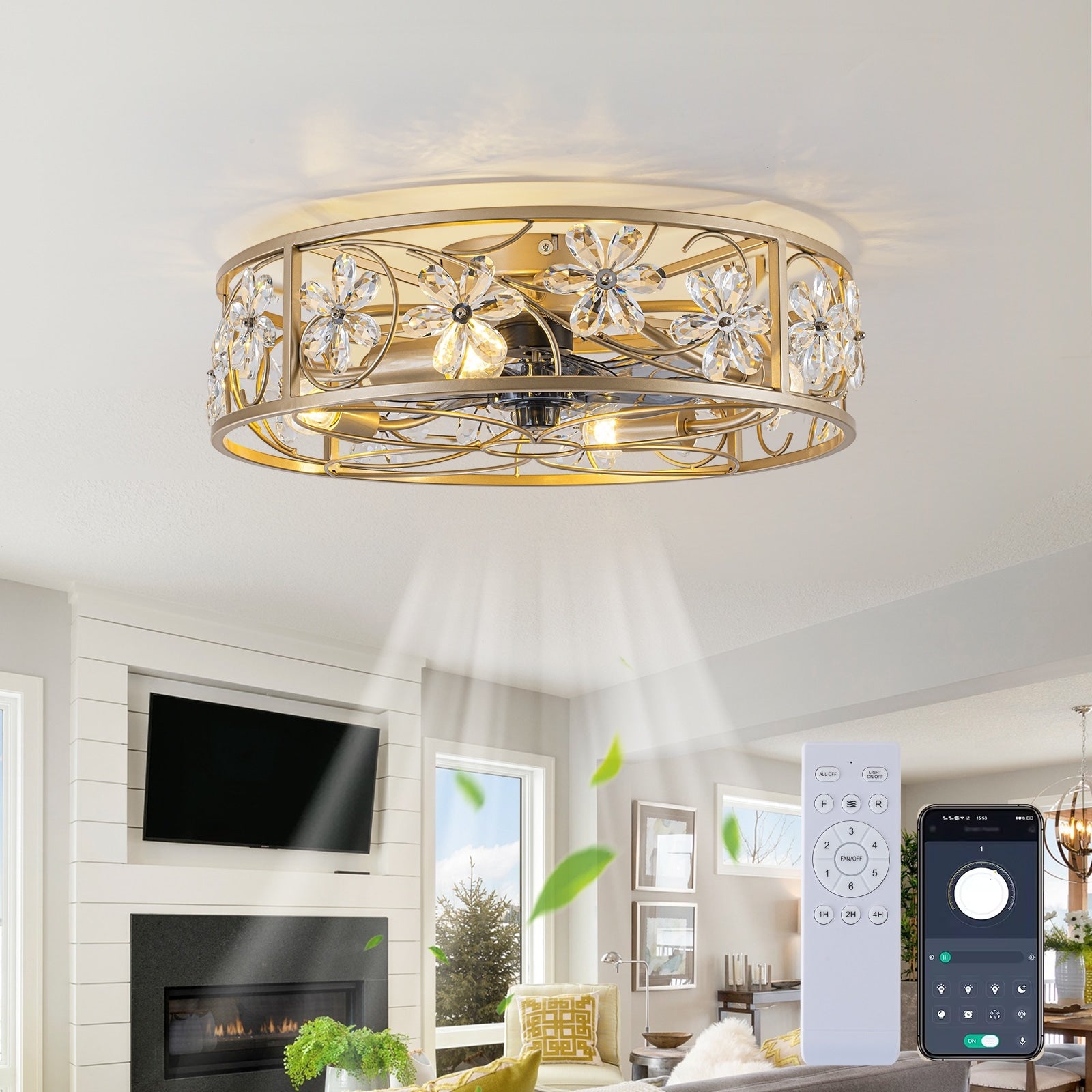 4 Light Crystal Drum Flush Mount Fandelier Ceiling Fan 20.5 Dia 5.9 H