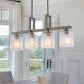 4 Light Faux Wood Linear Island Chandelier With Ribbed Glass Shades Dia.30.51 In