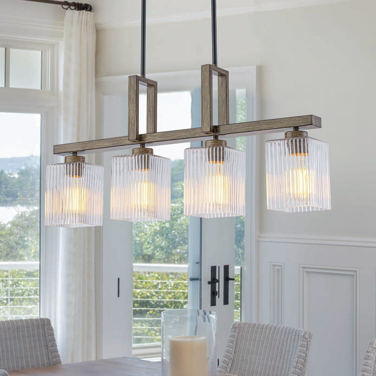 4 Light Faux Wood Linear Island Chandelier With Ribbed Glass Shades Dia.30.51 In