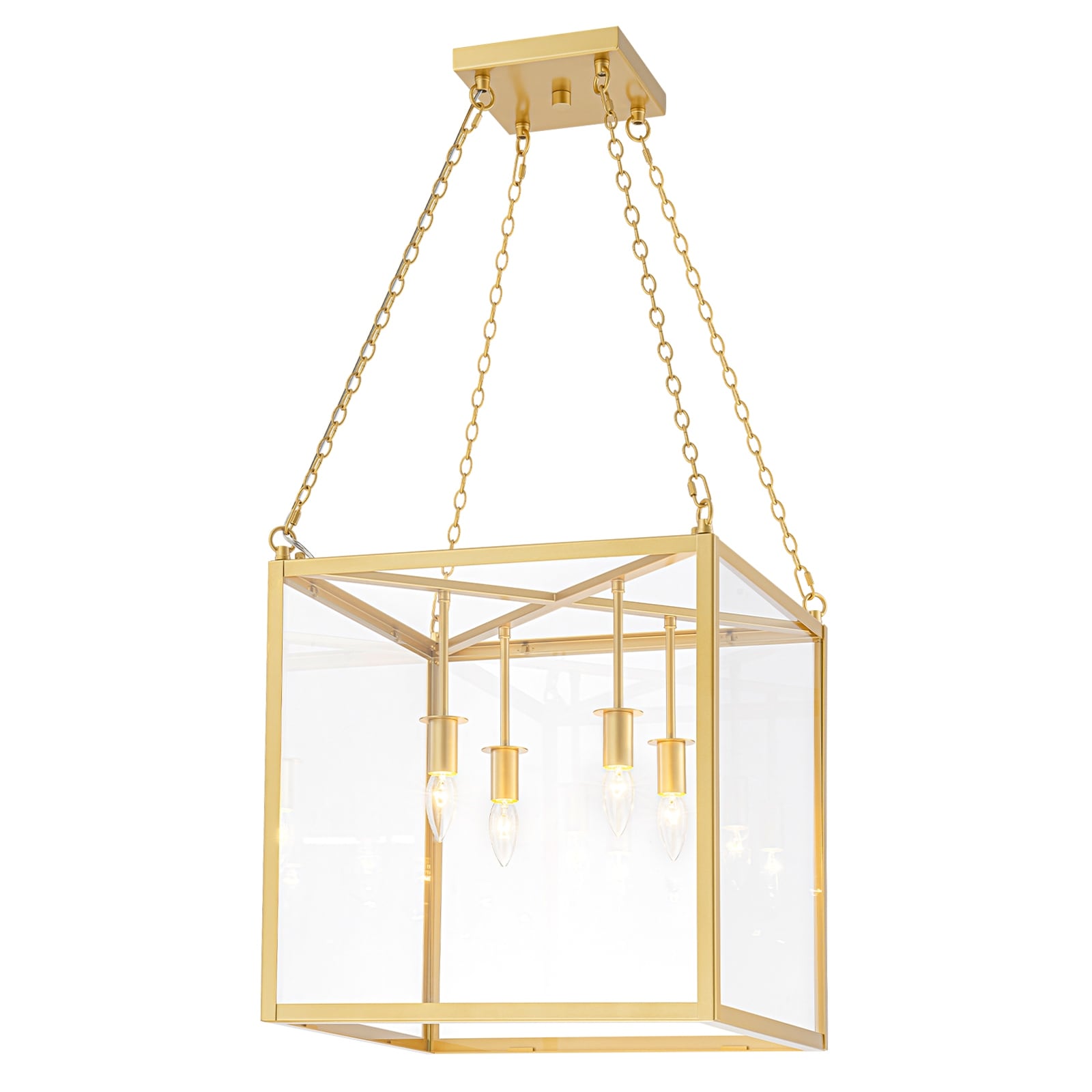4 Light Gold Lantern Pendant Chandelier With Clear Glass Panels W 18.11 In